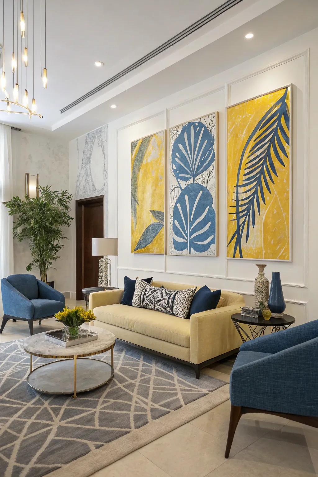 Abstract artwork in blue and yellow enhancing room aesthetics.