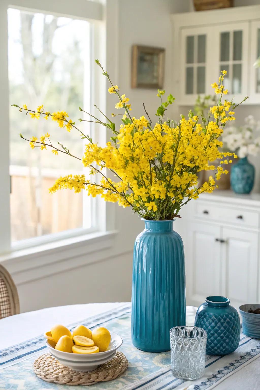 Blue vase filled with yellow flowers, adding freshness to the room.