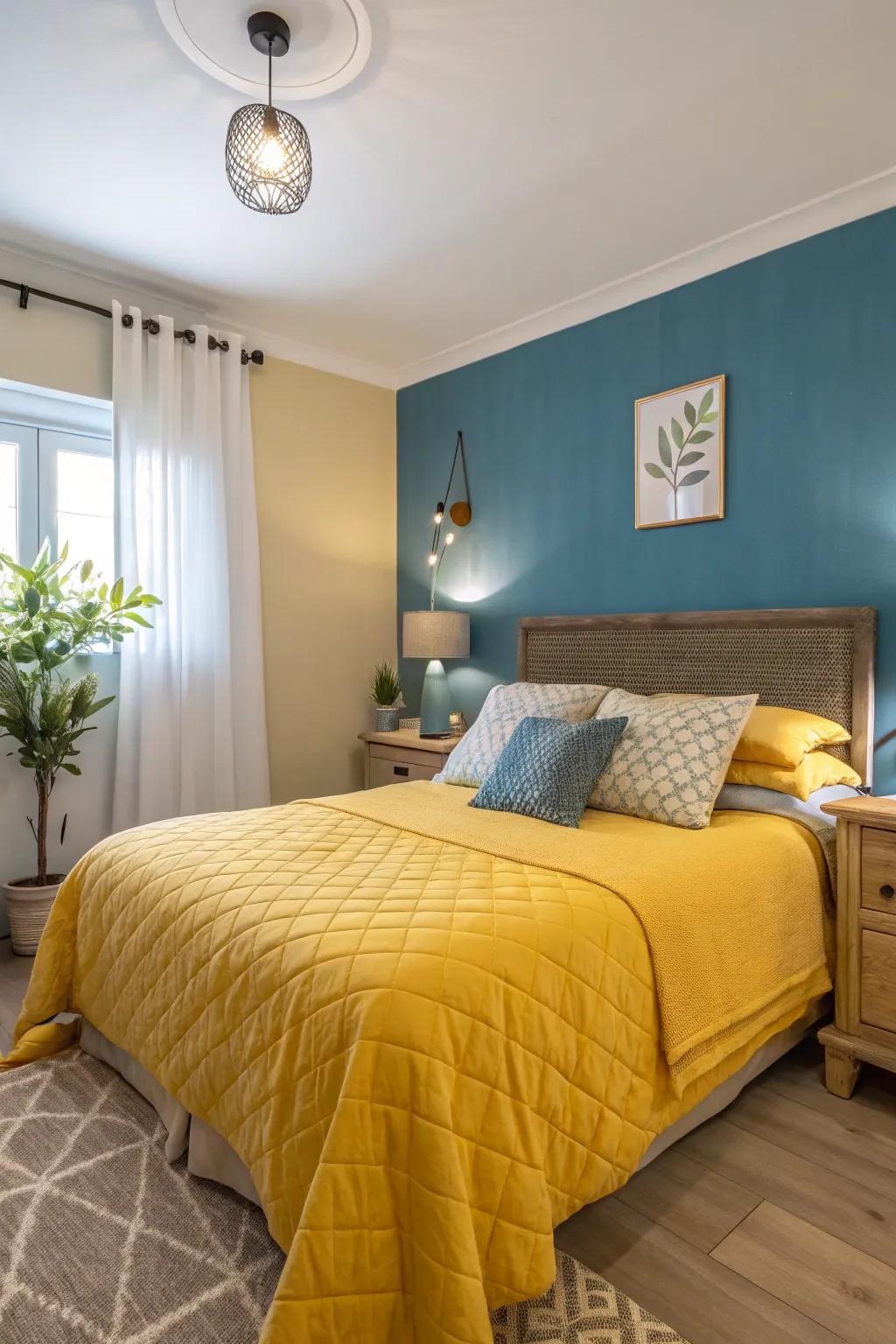 Bedroom with a blue accent wall and yellow furnishings creating a calm retreat.