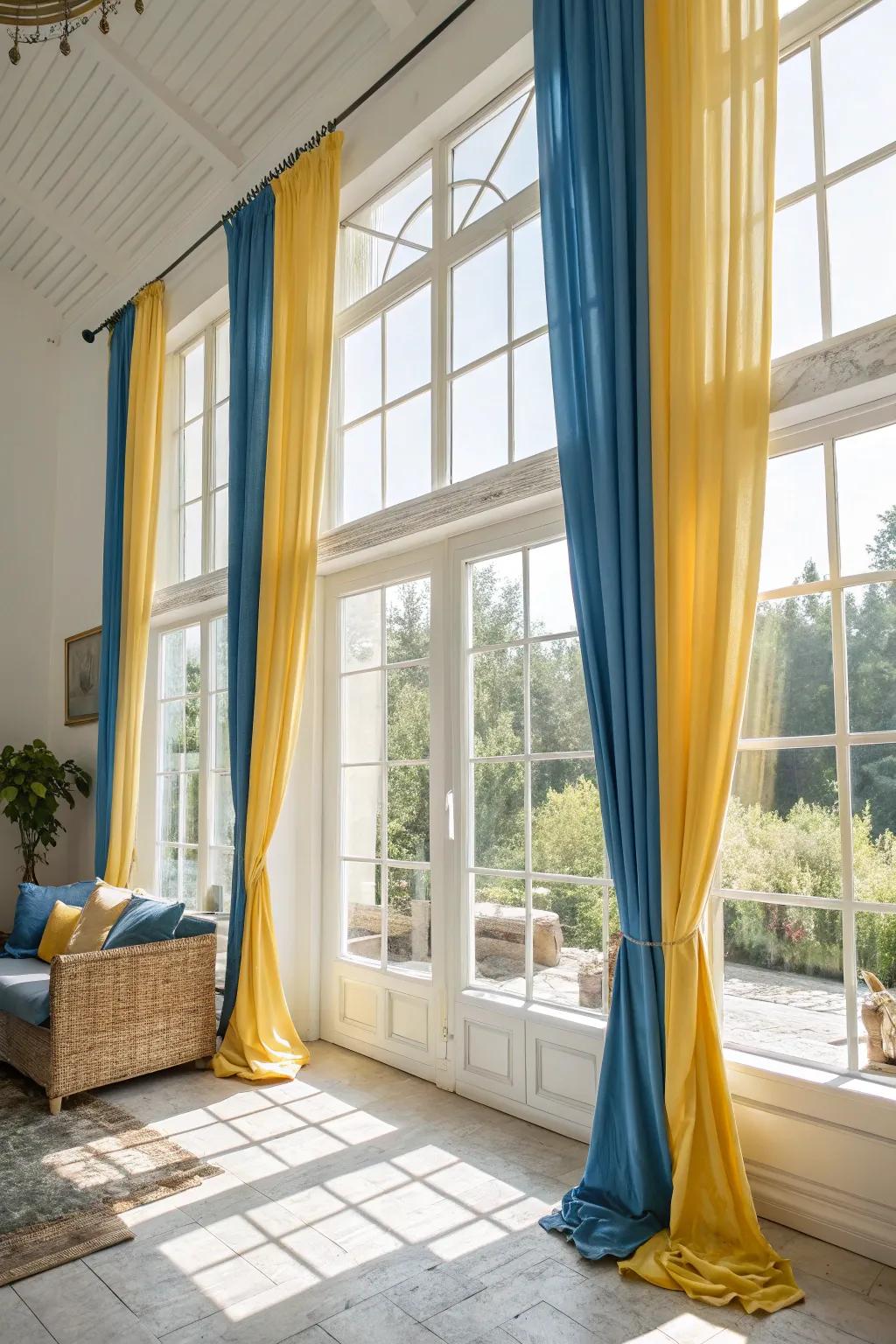 Sunlit windows dressed with blue and yellow curtains brightening the room.