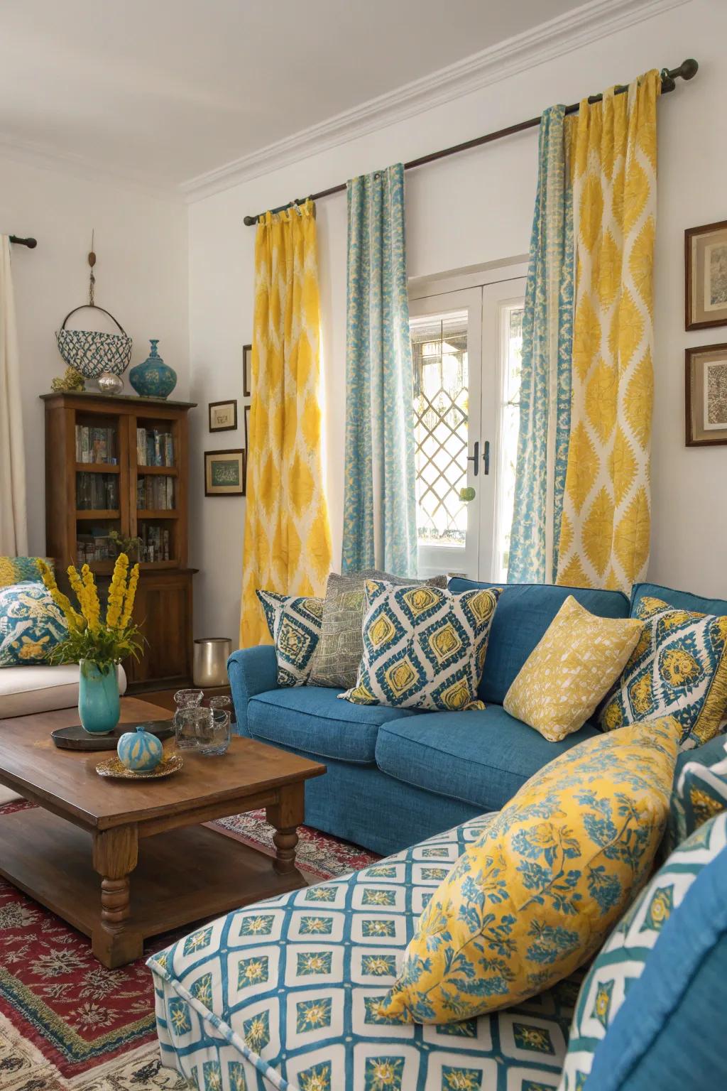 Combination of blue and yellow patterned fabrics adding vibrancy to the room.