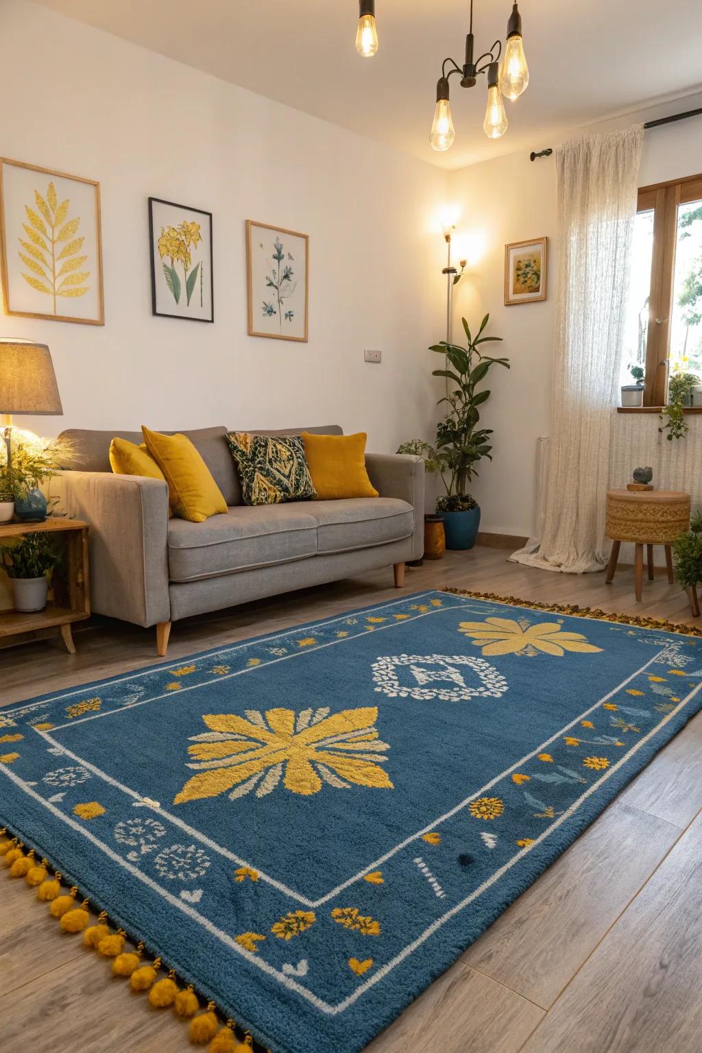 Bold blue rug with yellow accents anchoring the living room.