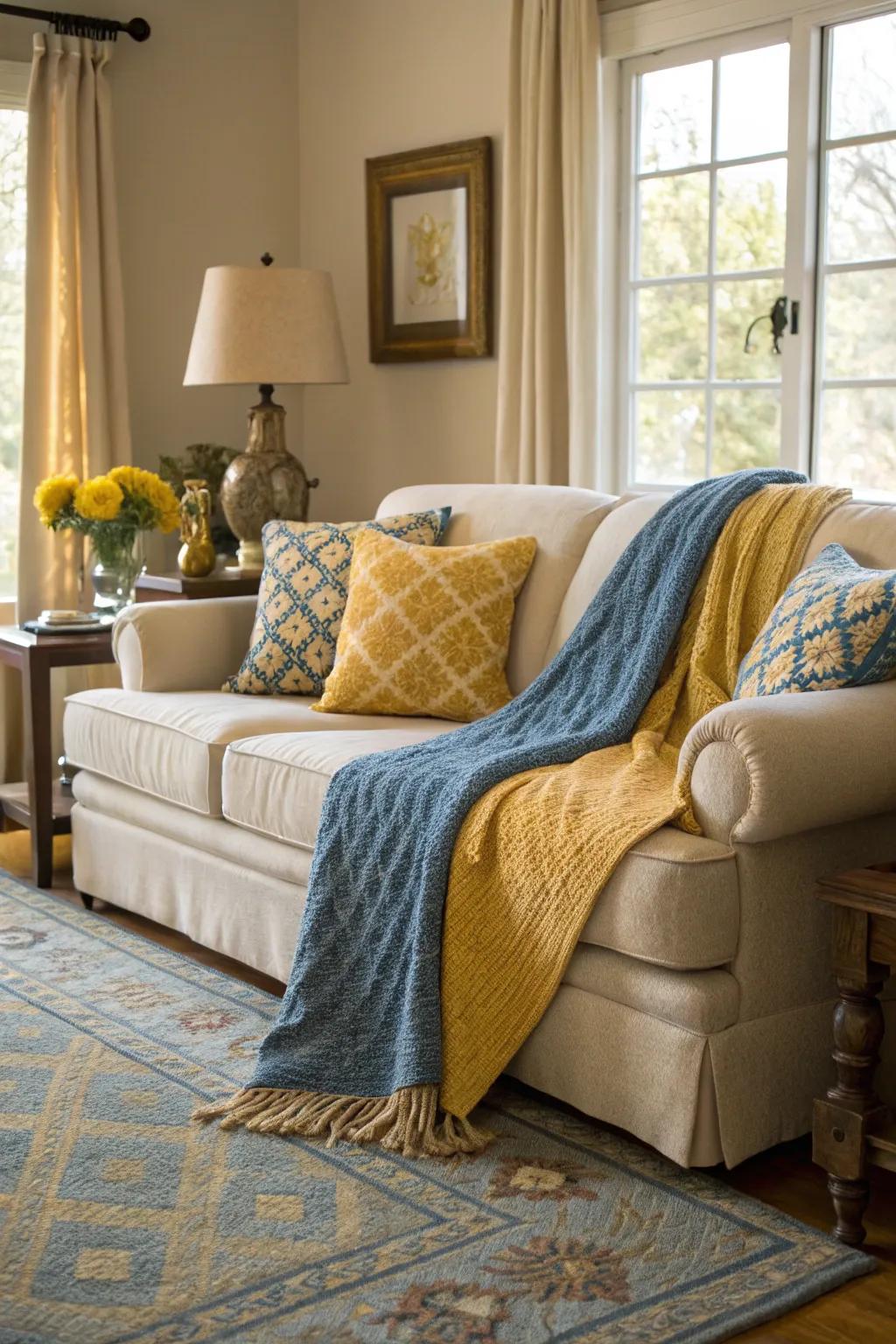 Sofa draped with a blue and yellow throw, adding warmth and style.