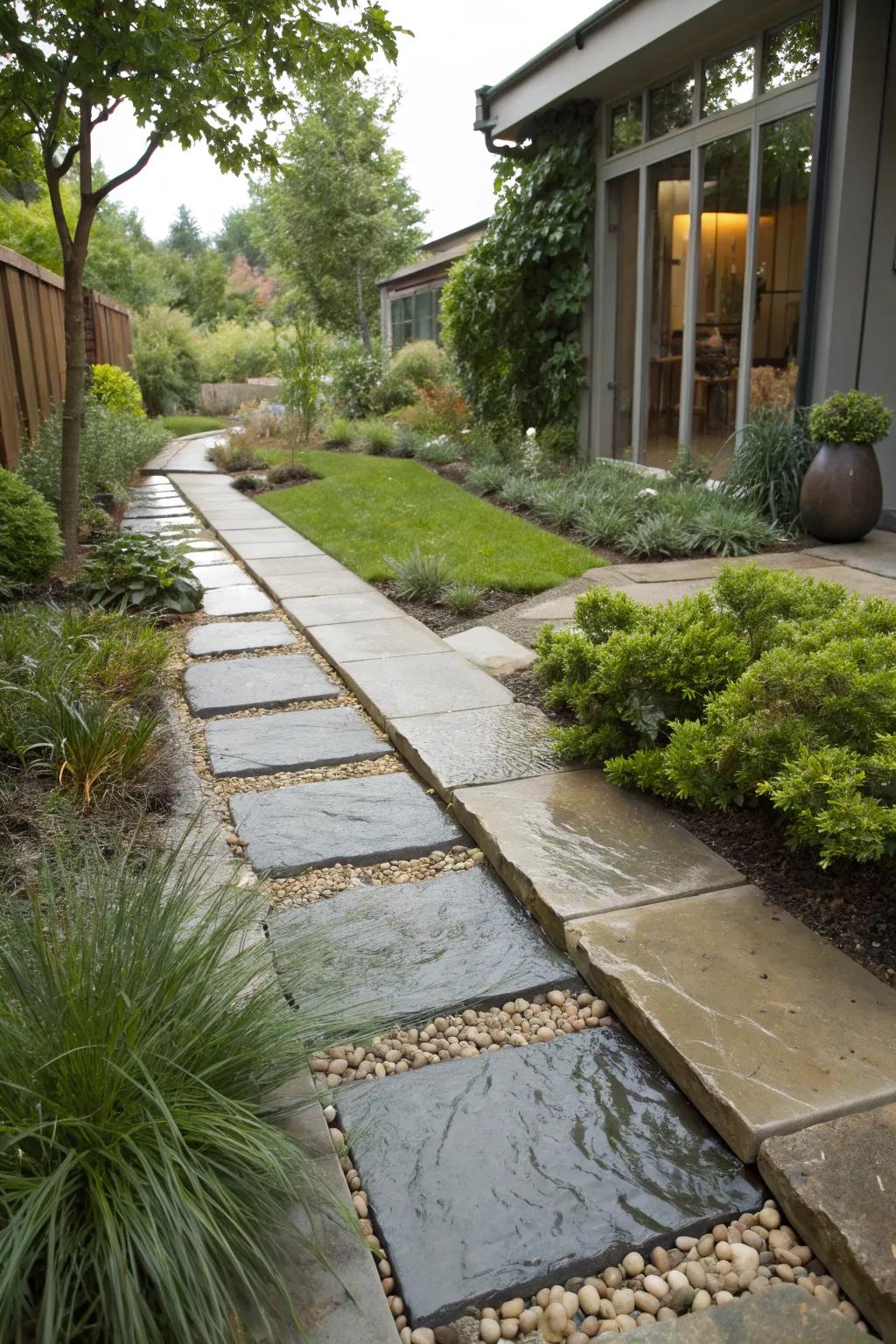 Eco-friendly cobblestone path designed for optimal water drainage.