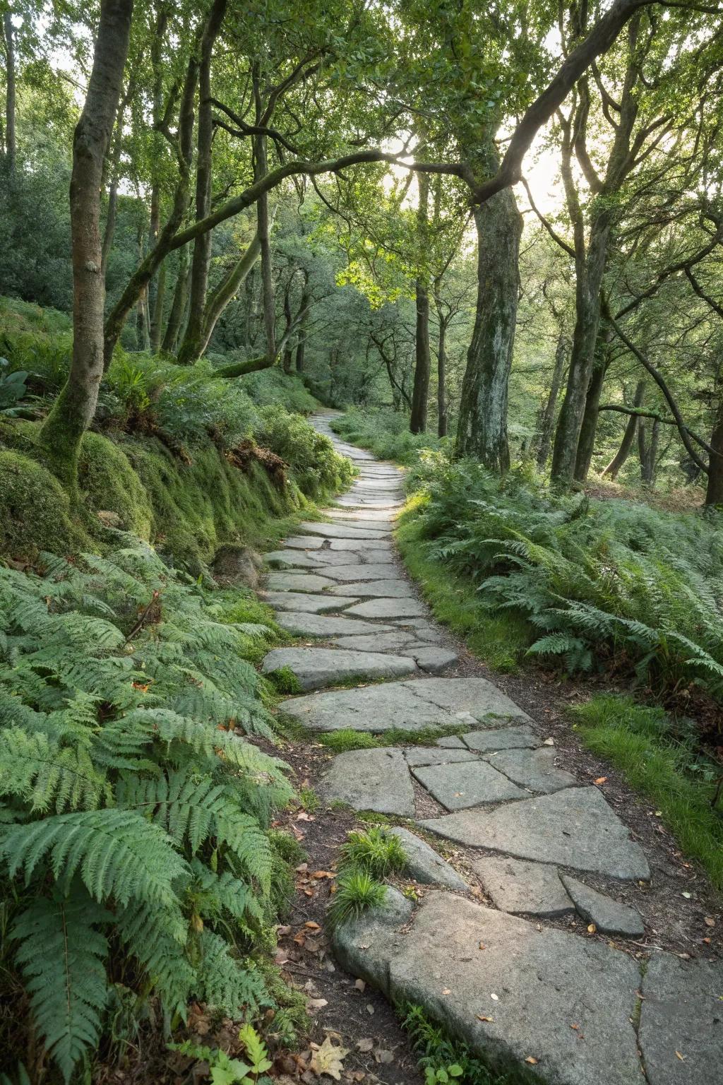Cobblestone path nestled in a tranquil forest setting.