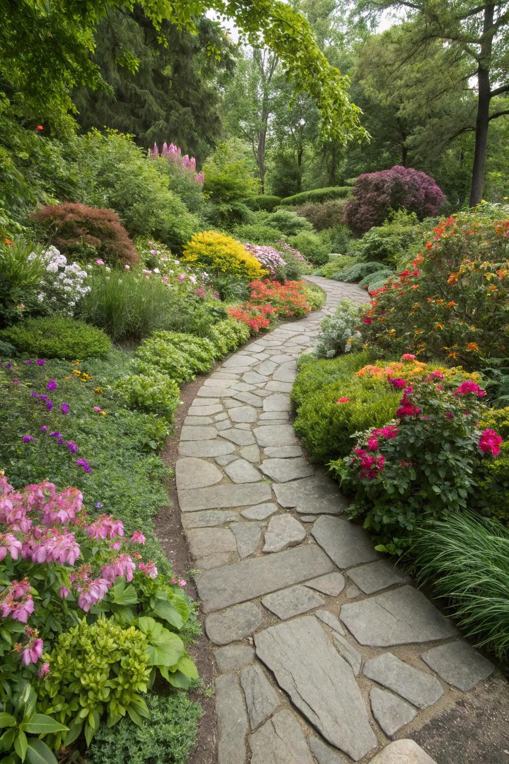Cobblestone path winding through vibrant garden beds.