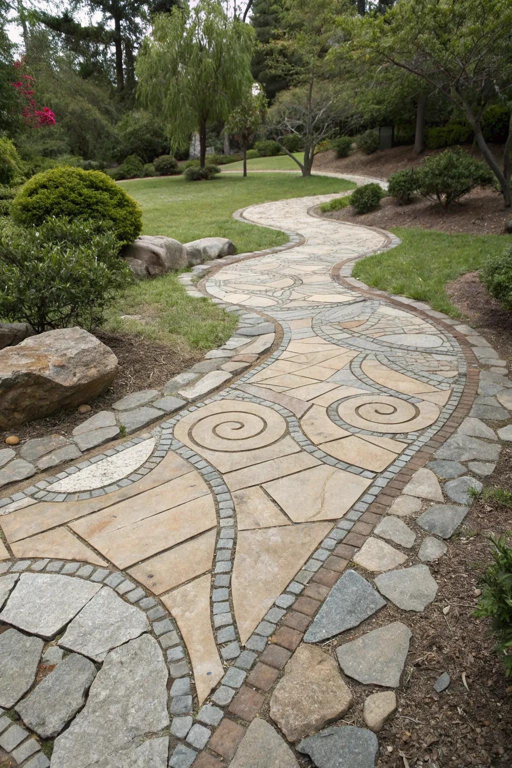 Creative cobblestone arrangement turning a path into an artistic feature.