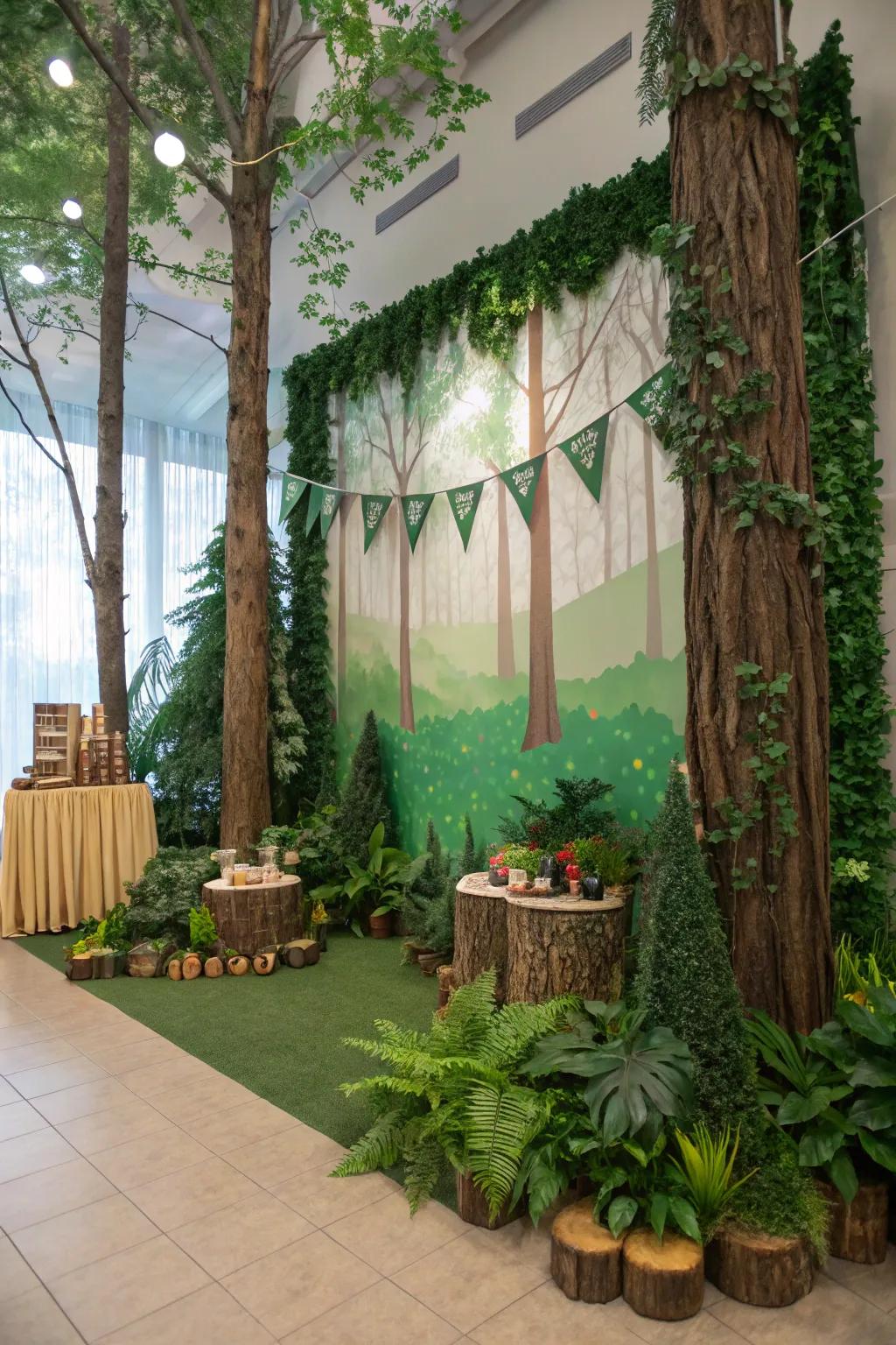 Create lasting memories with a forest-themed photo backdrop.