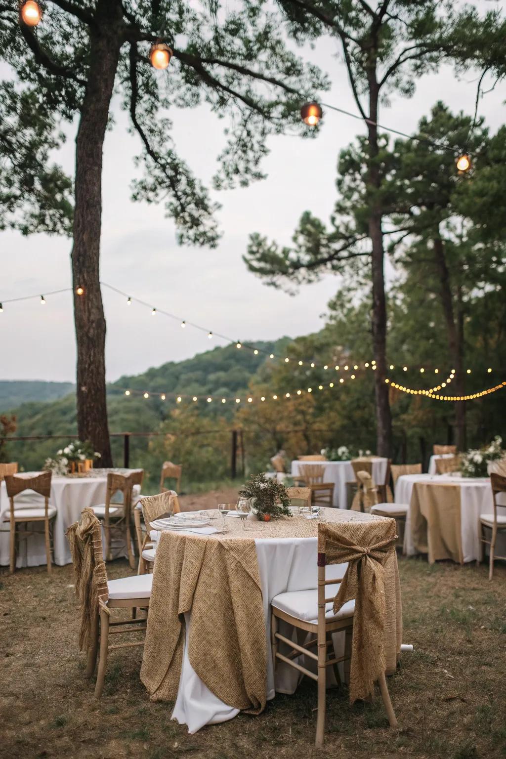 Add warmth with rustic fabrics and string lights.