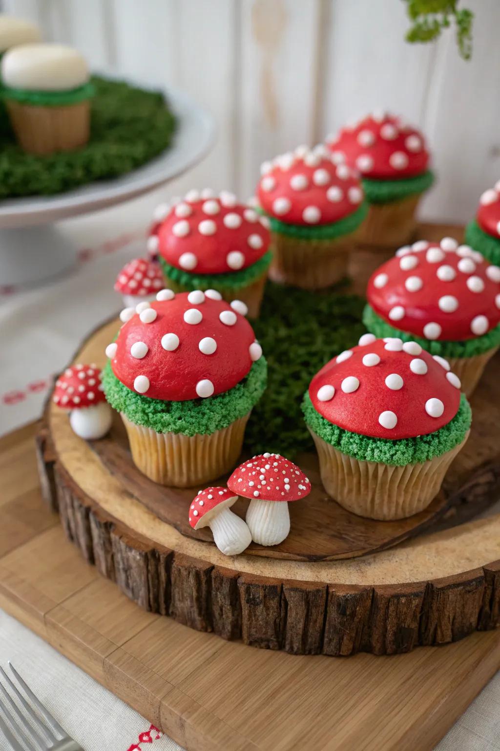 Delight guests with charming mushroom-themed cupcakes.