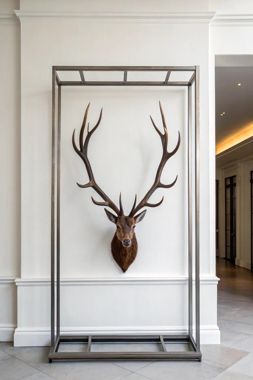 Deer antlers framed in a minimalist metal structure add industrial elegance to a modern wall.