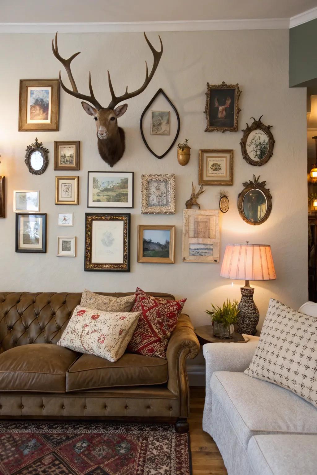 A vibrant gallery wall combining deer antlers, framed art, and mirrors creates a dynamic living space.