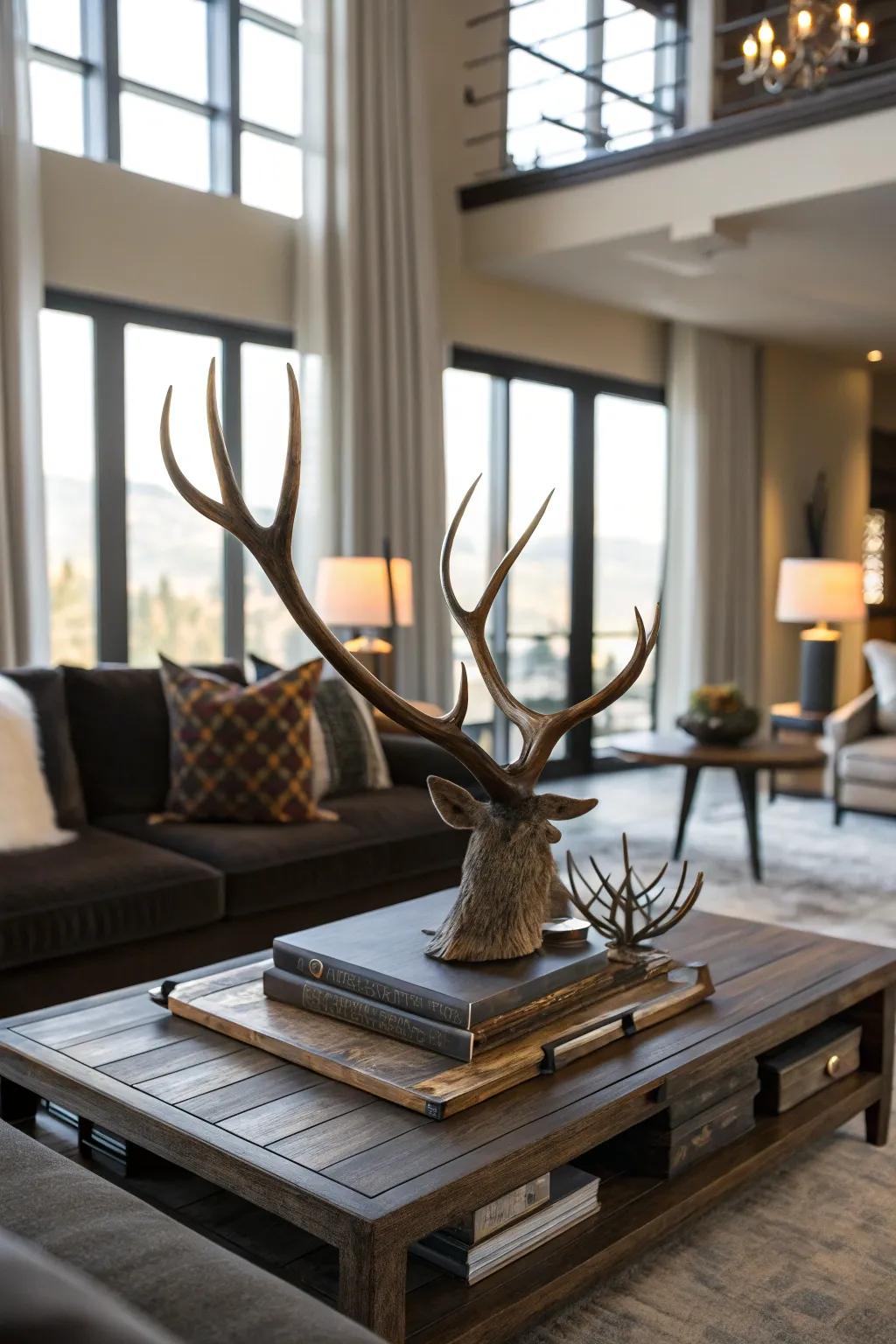 Deer antlers arranged on a coffee table create a striking focal point in a modern living room.