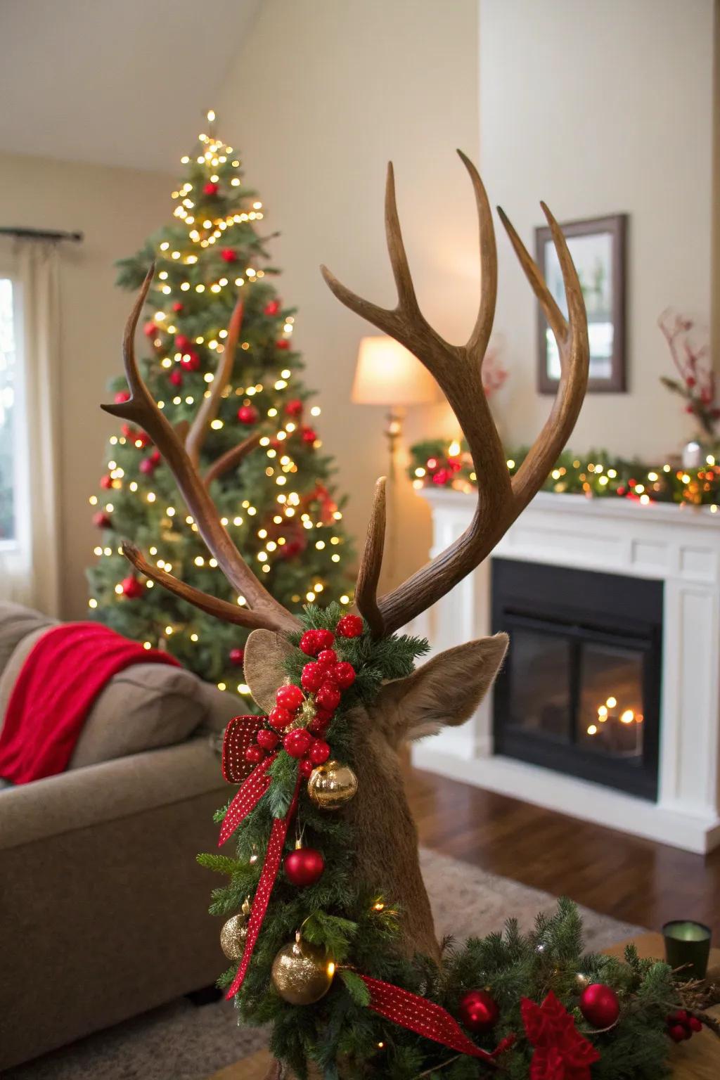 Deer antlers decorated with festive garlands and ornaments brighten a living room.
