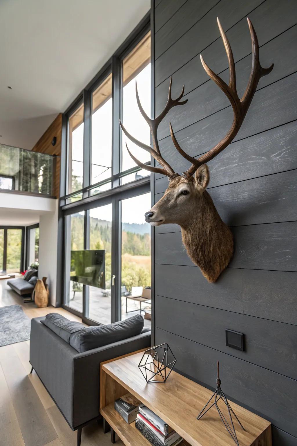 A striking deer antler mount combining wood and metal elements in a contemporary living room.