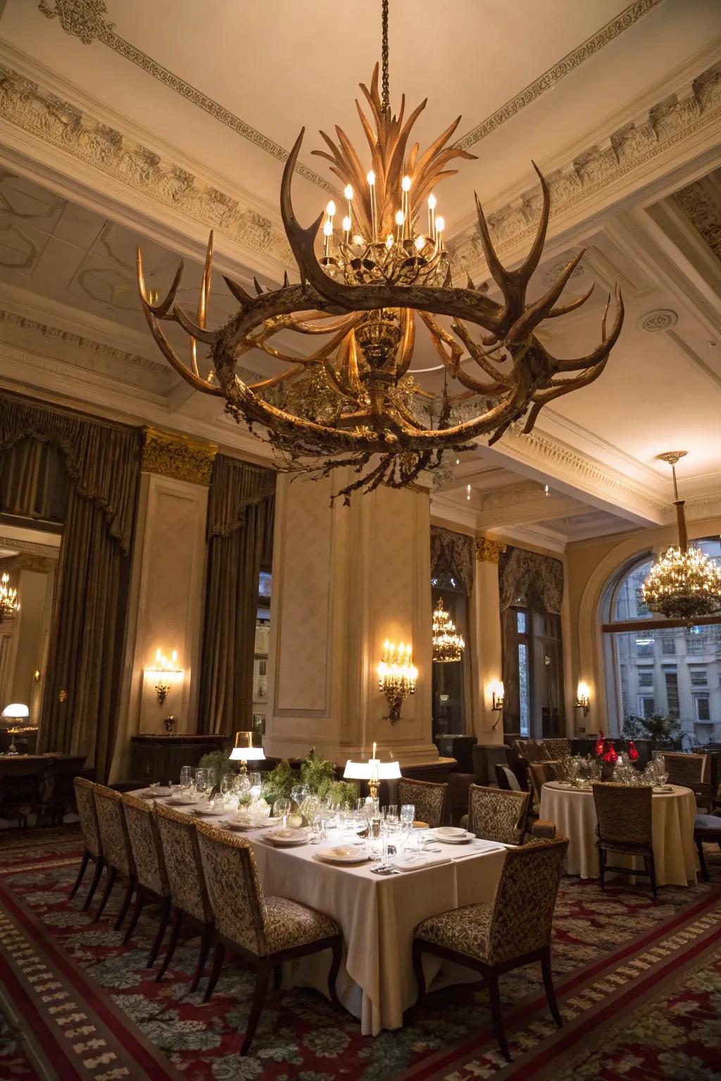 A magnificent chandelier crafted from deer antlers becomes the centerpiece of a luxurious dining room.
