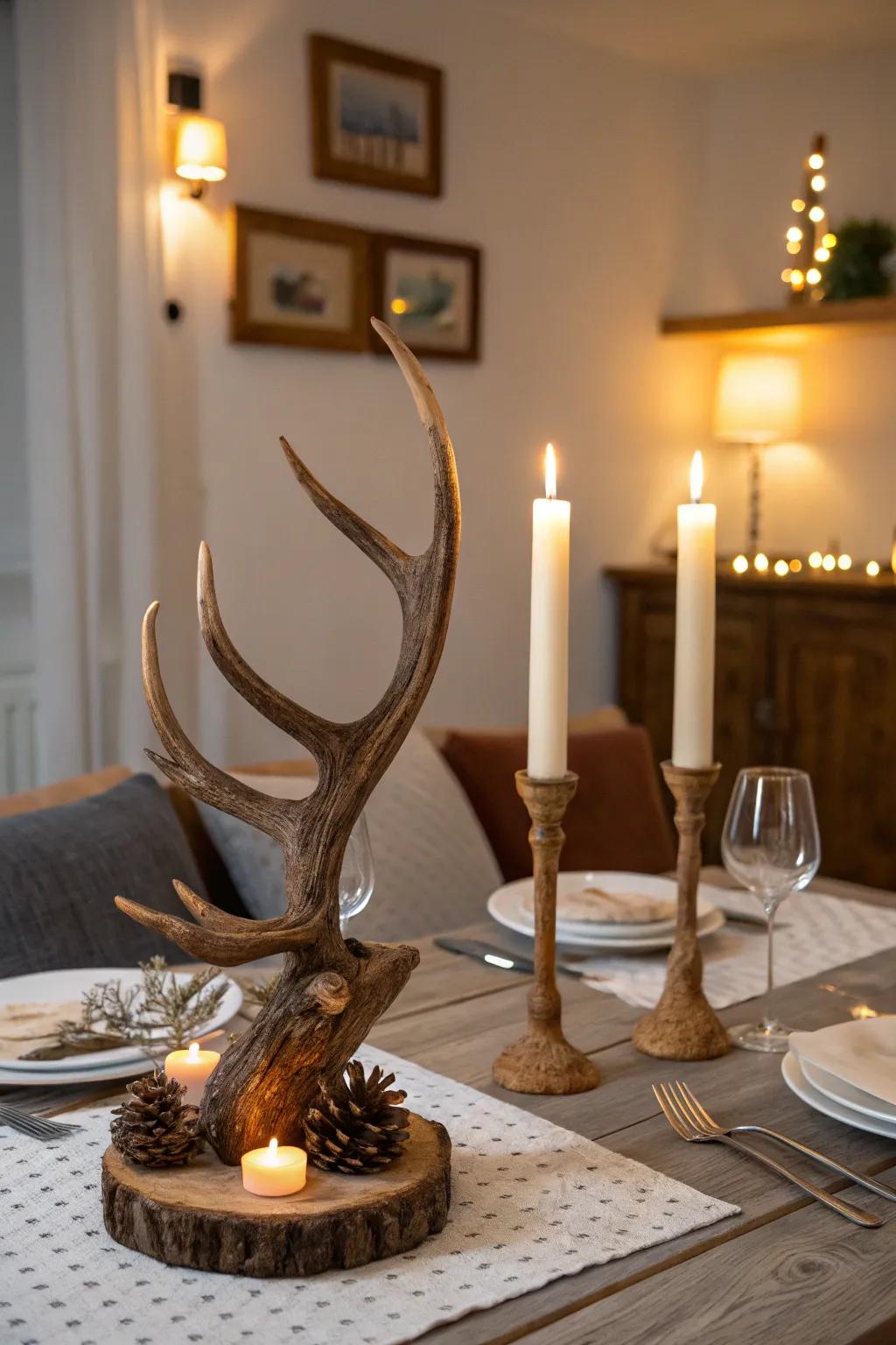 Antler-inspired light stands cast a warm glow over a dining table, perfect for intimate gatherings.
