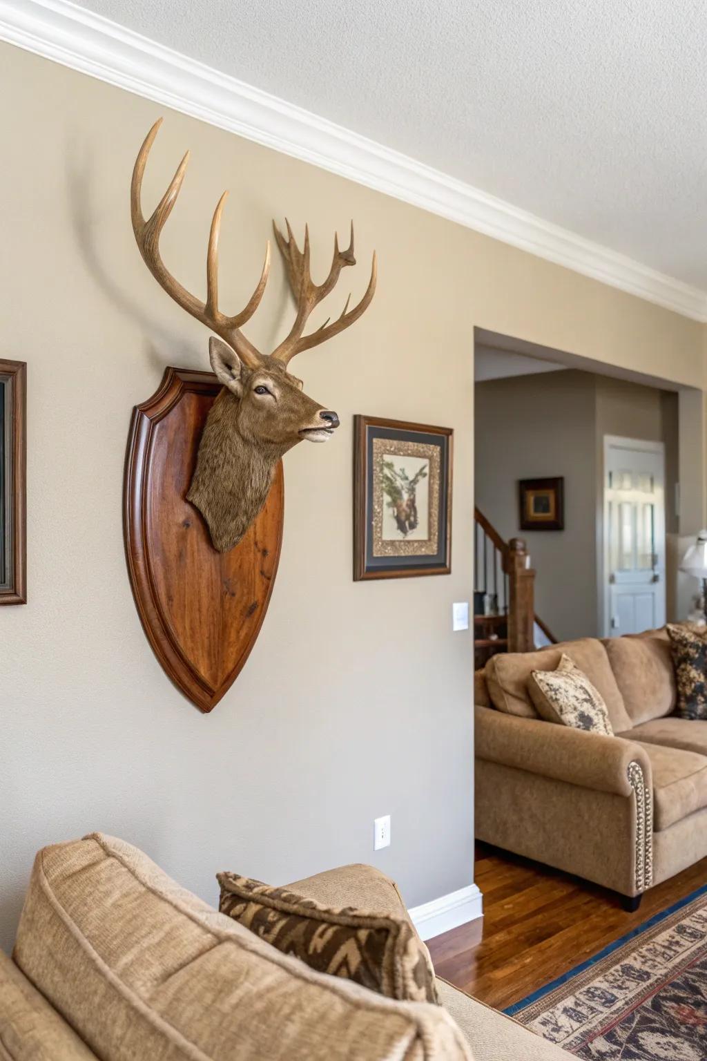 A traditional deer antler mount on a polished wooden panel adds timeless elegance to a neutral-toned living room.