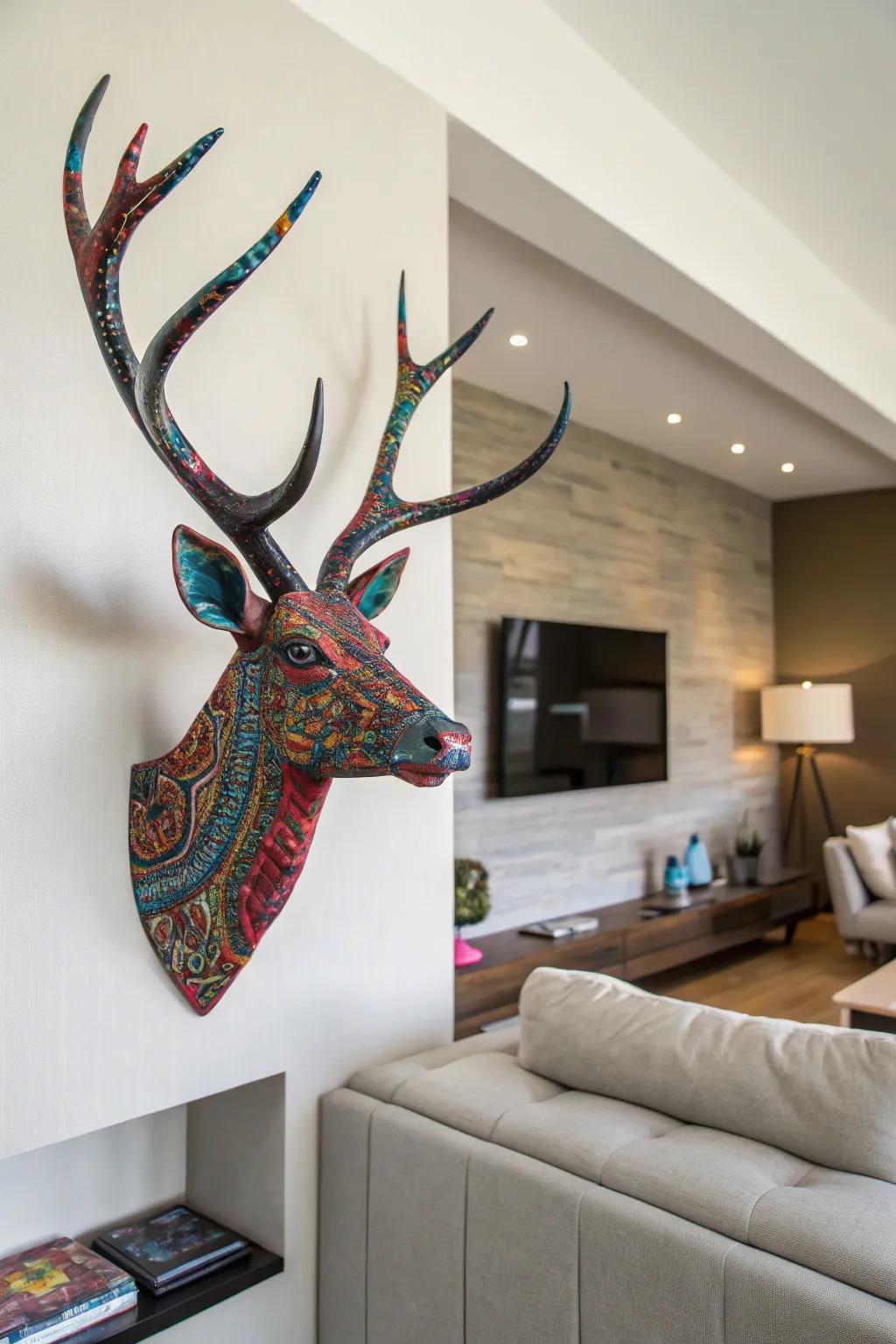 Deer antlers featuring colorful hydro-dipped designs become a striking focal point in a modern room.
