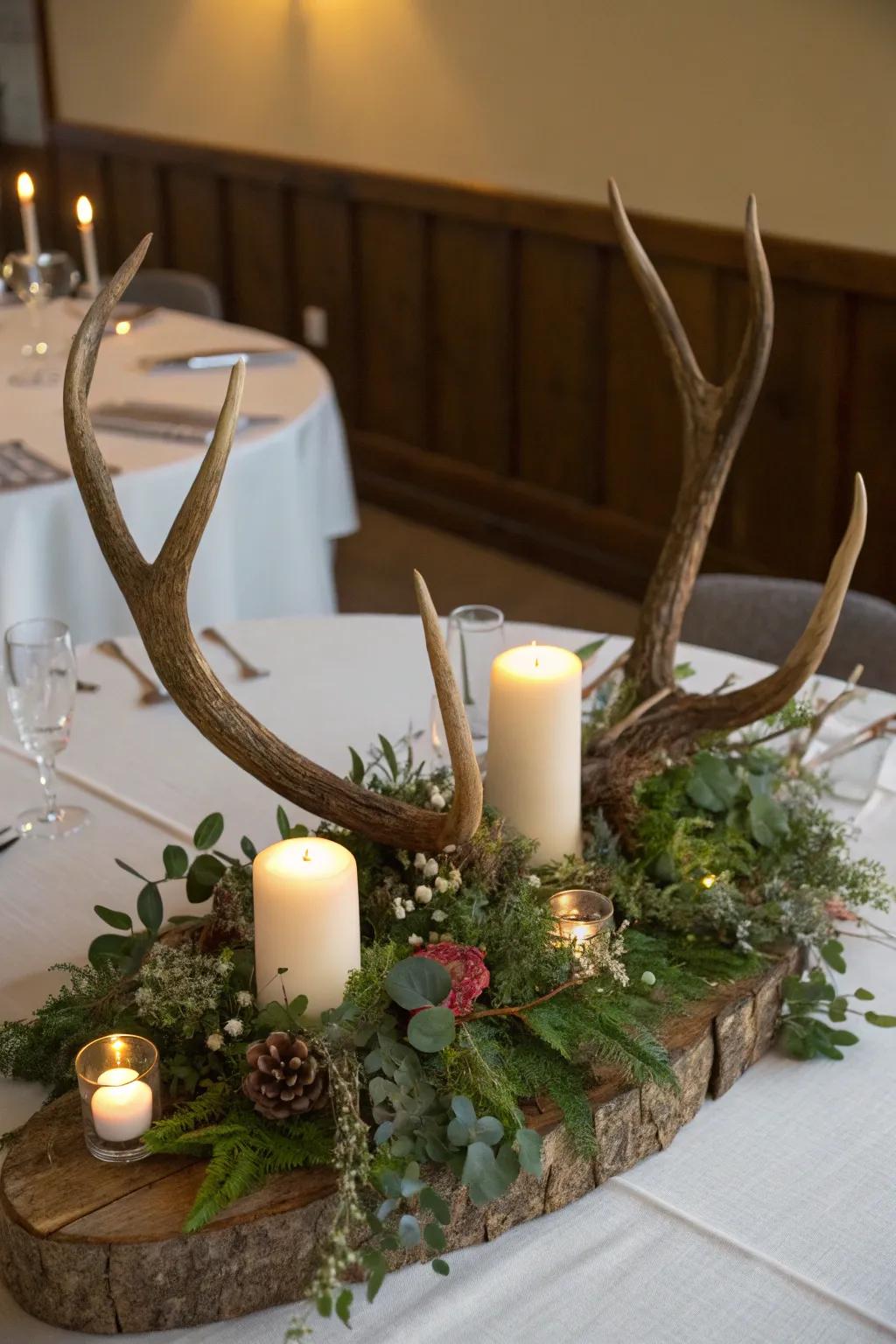 A festive dining table centerpiece featuring deer antlers, greenery, and soft lighting.