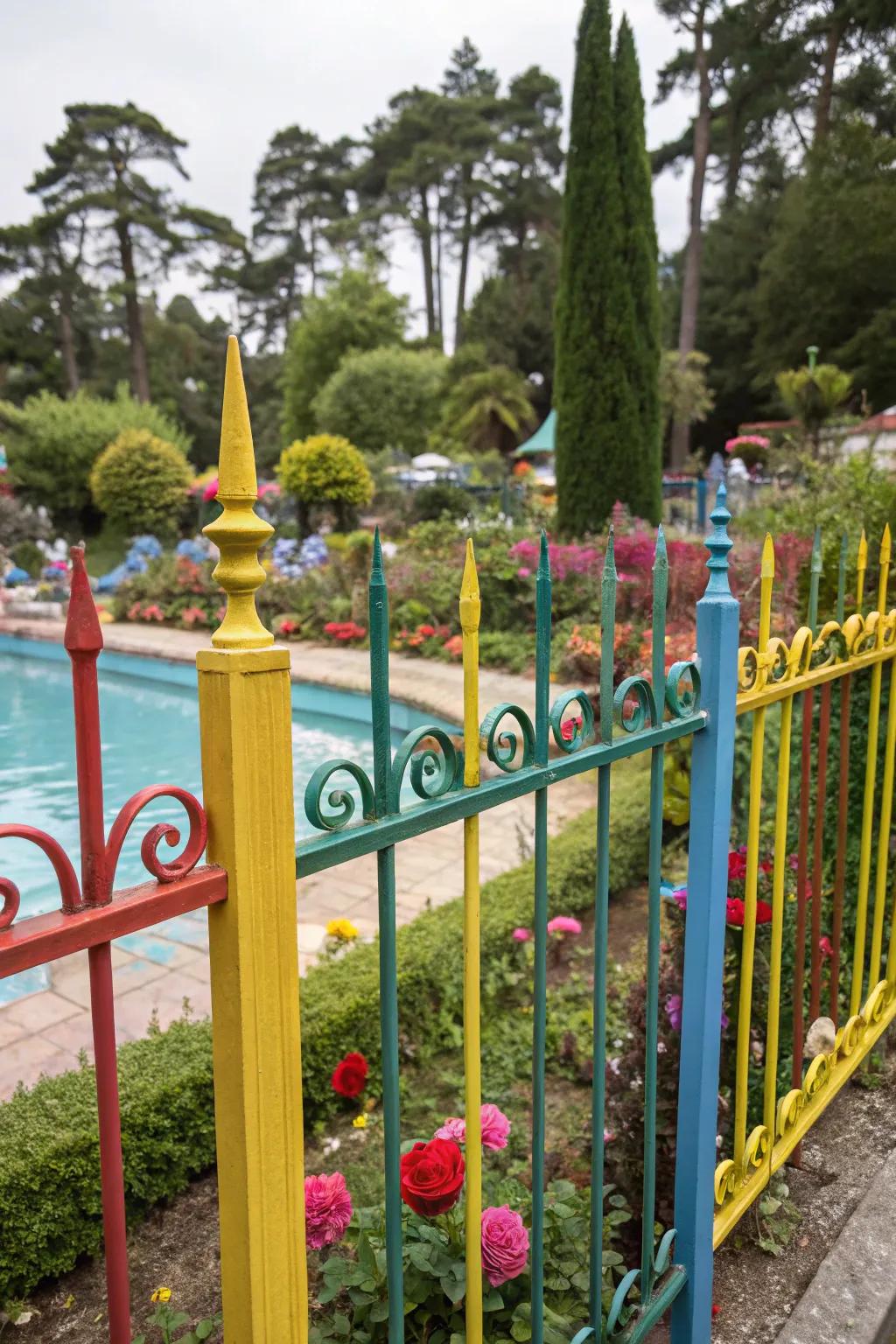 Metal fence with colorful decorative accents brightening the pool area.