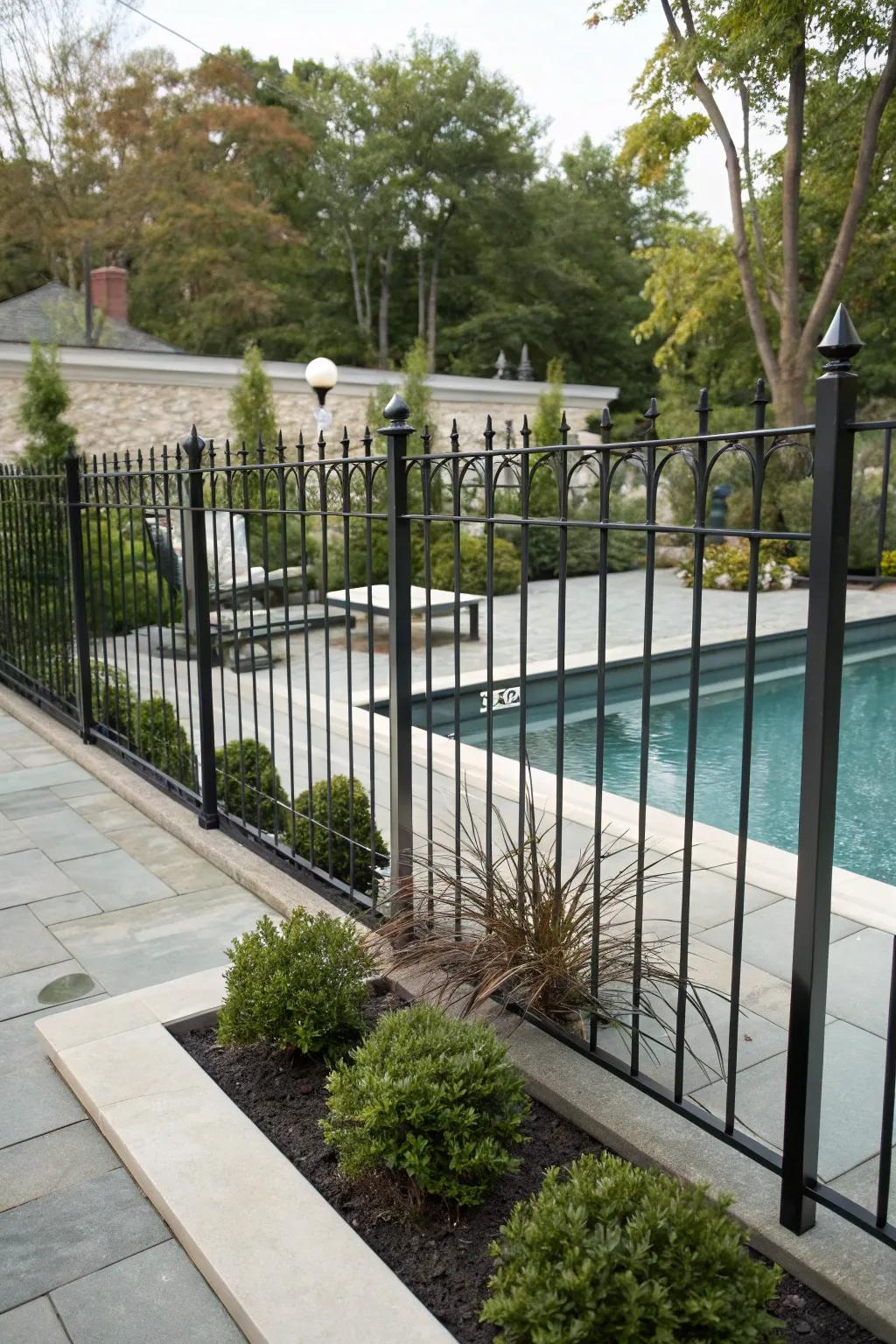 Minimalist metal fence with clean lines complementing a modern pool area.