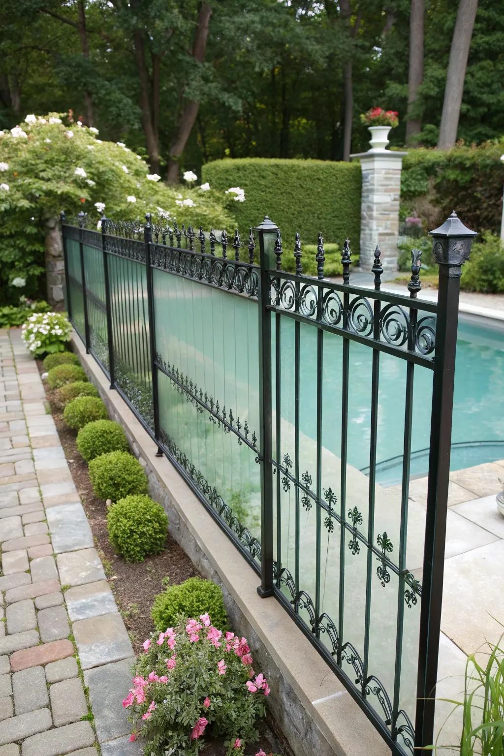 Metal fence with frosted glass panels providing privacy and style.