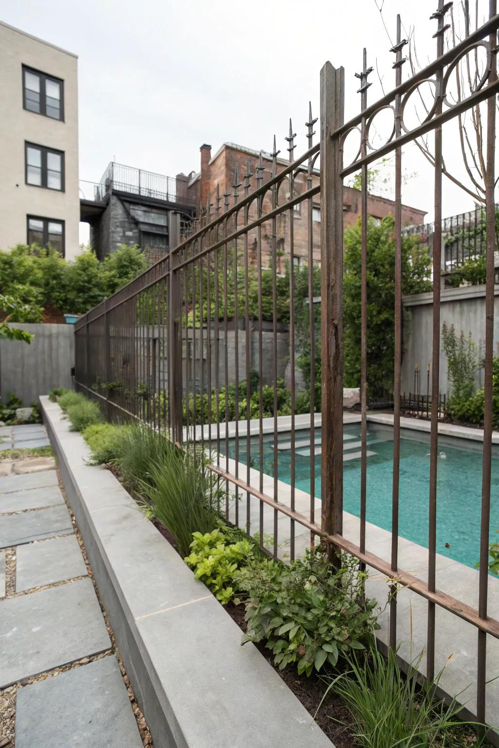 Industrial-style metal fence adding a modern urban feel to the pool area.