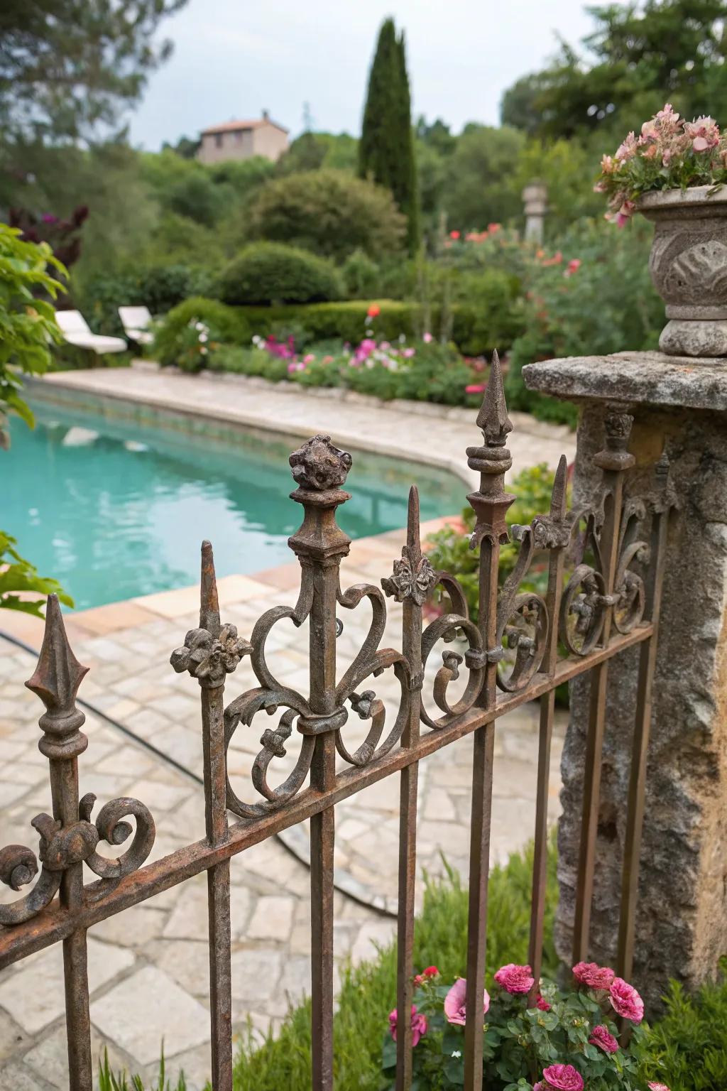 Vintage-inspired metal fence adding nostalgic charm to the pool area.
