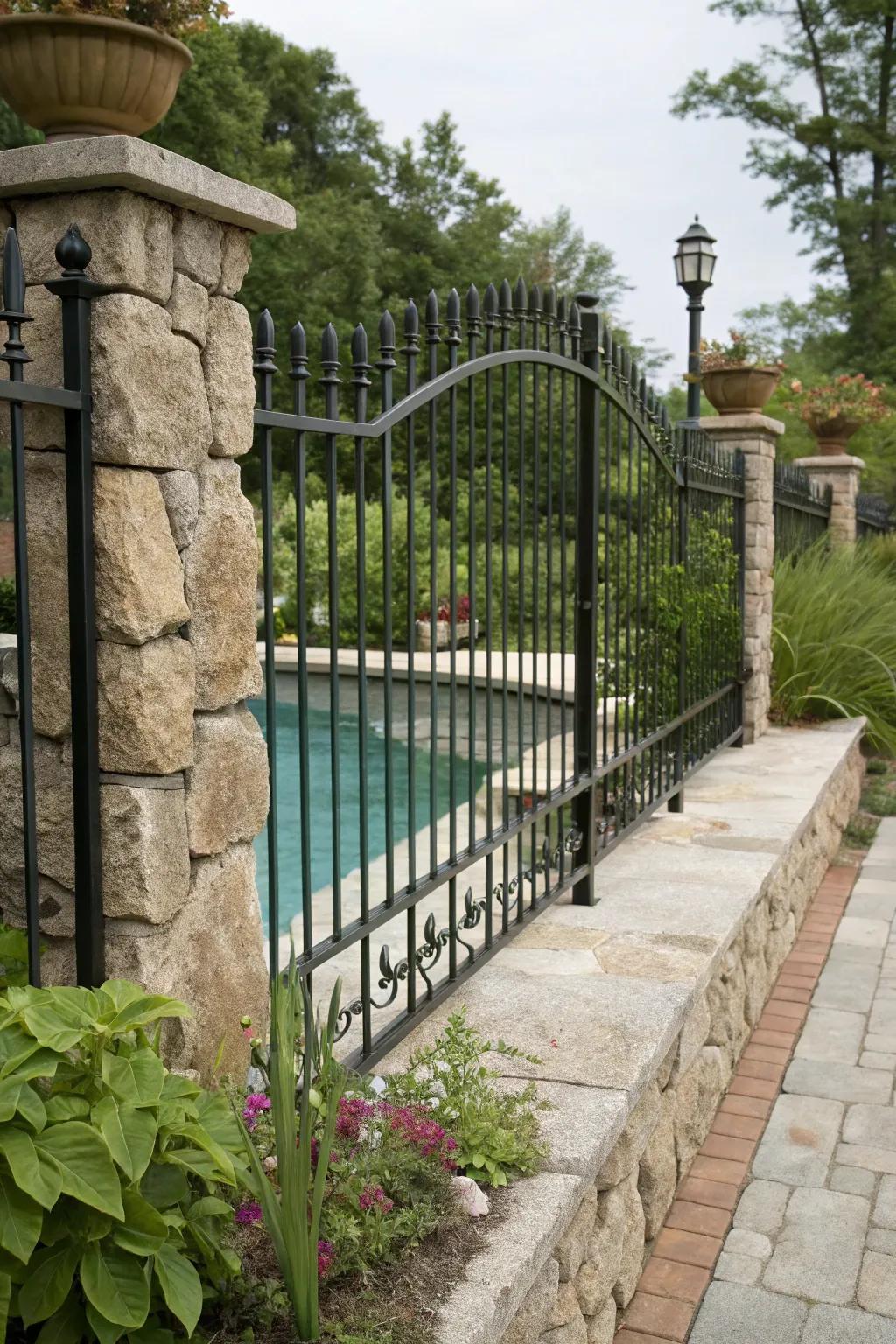 Metal fence with textured finishes resembling natural materials.