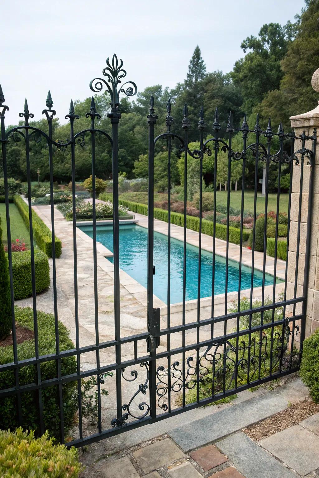Metal fence with wide spacing to preserve clear views of the pool.