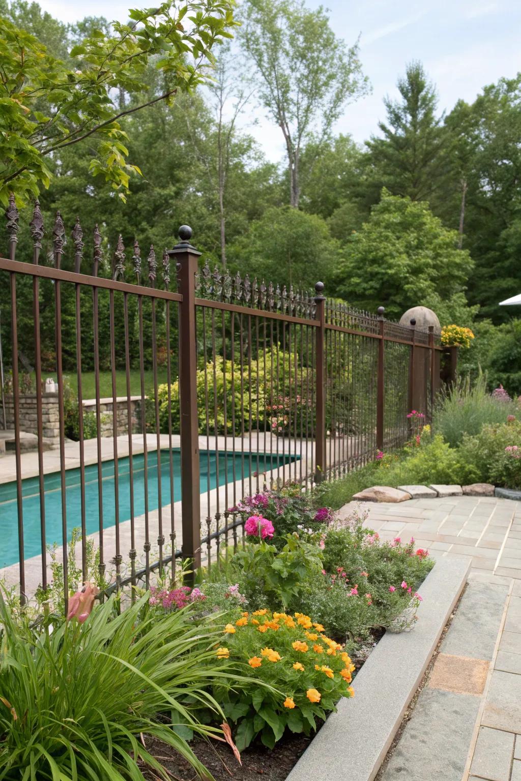 Sustainable coatings on metal fencing for an eco-conscious pool area.