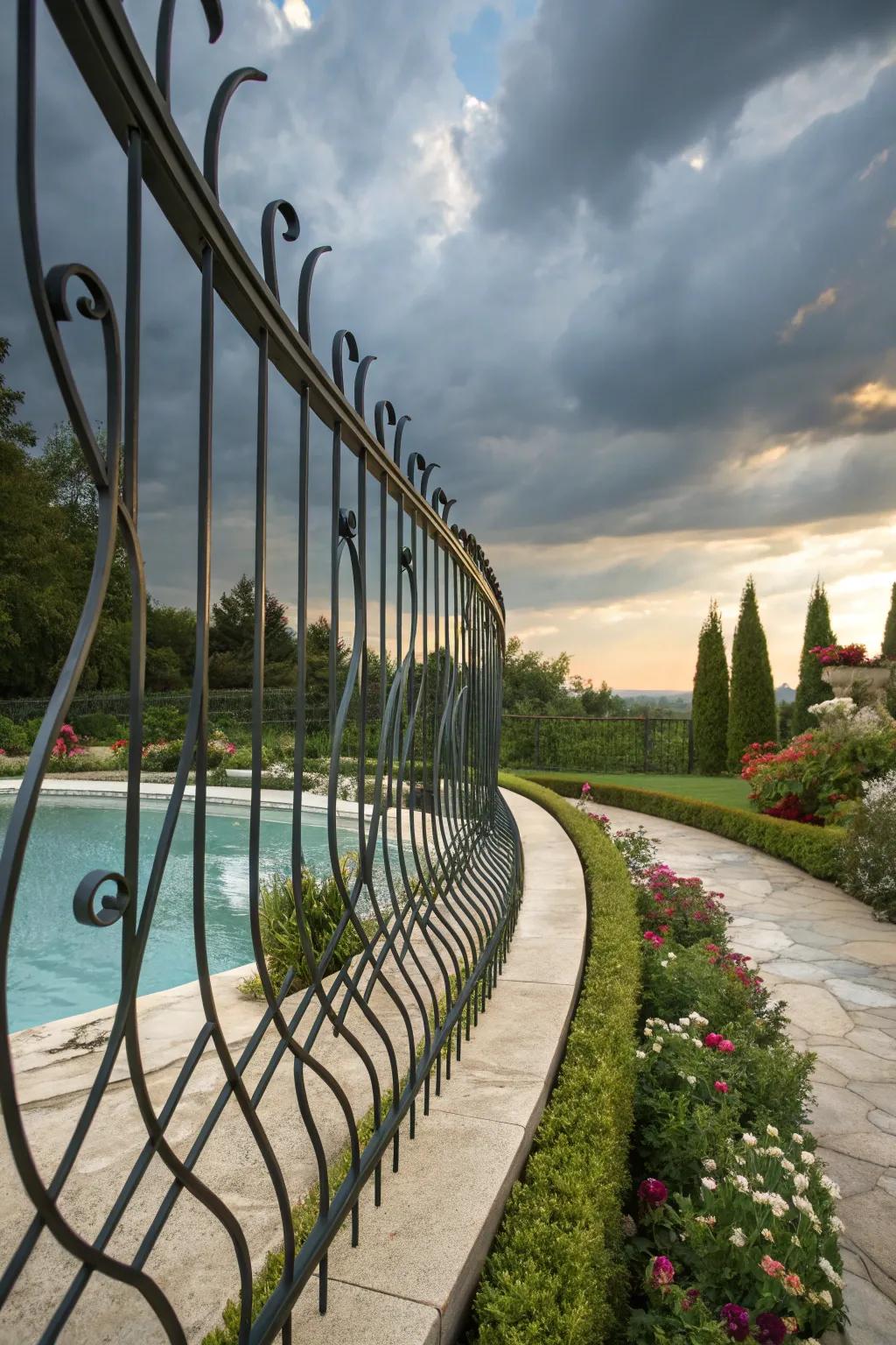Curved metal fence lines creating an elegant flow around the pool.