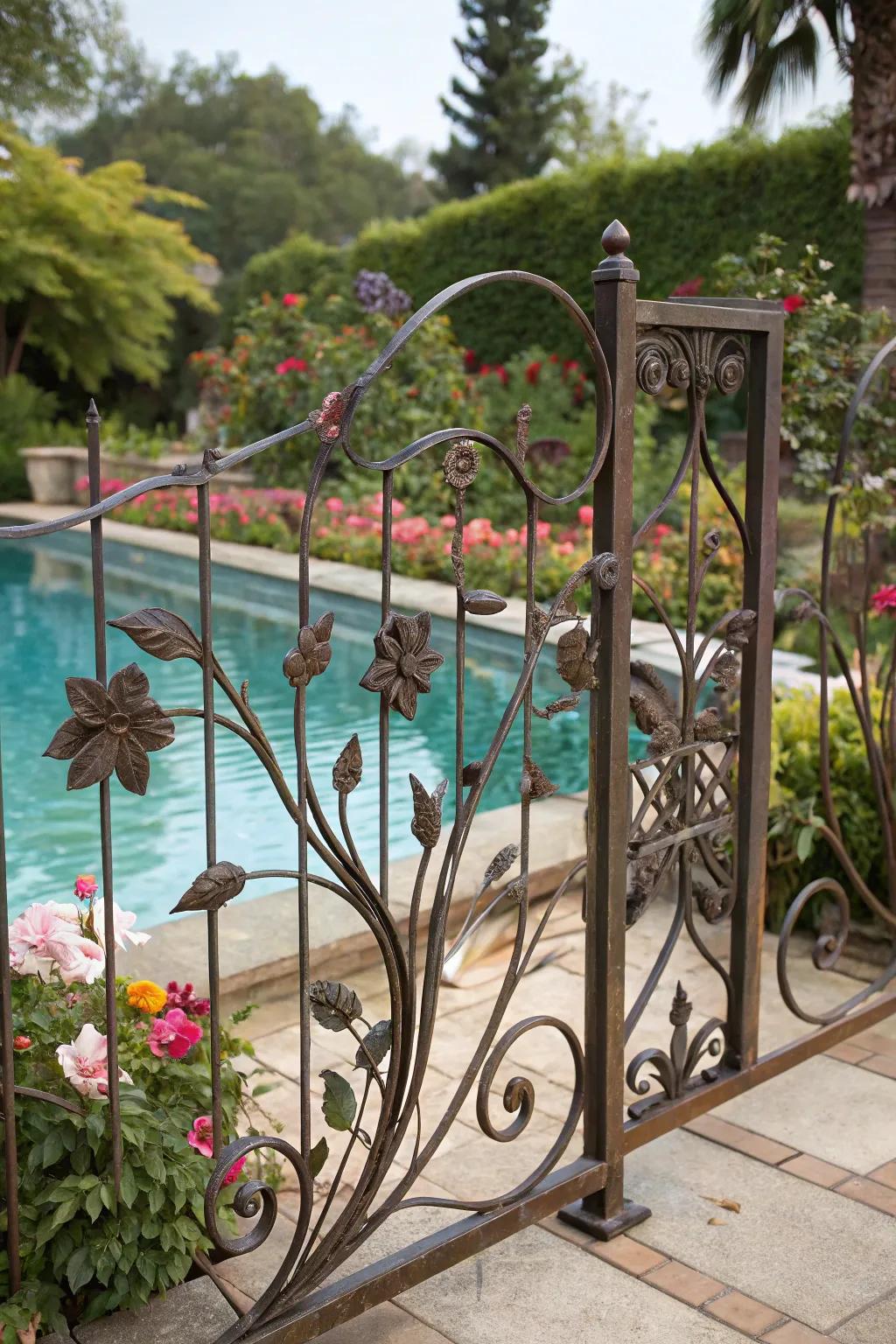 Artistic metal fence designs adding unique character to the pool area.