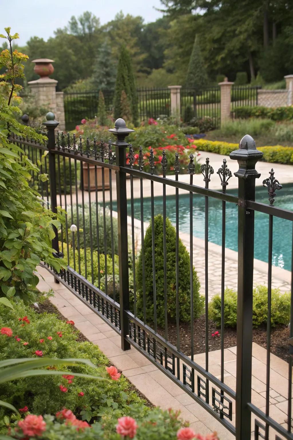 Metal fence with varying heights creating visual interest around the pool.