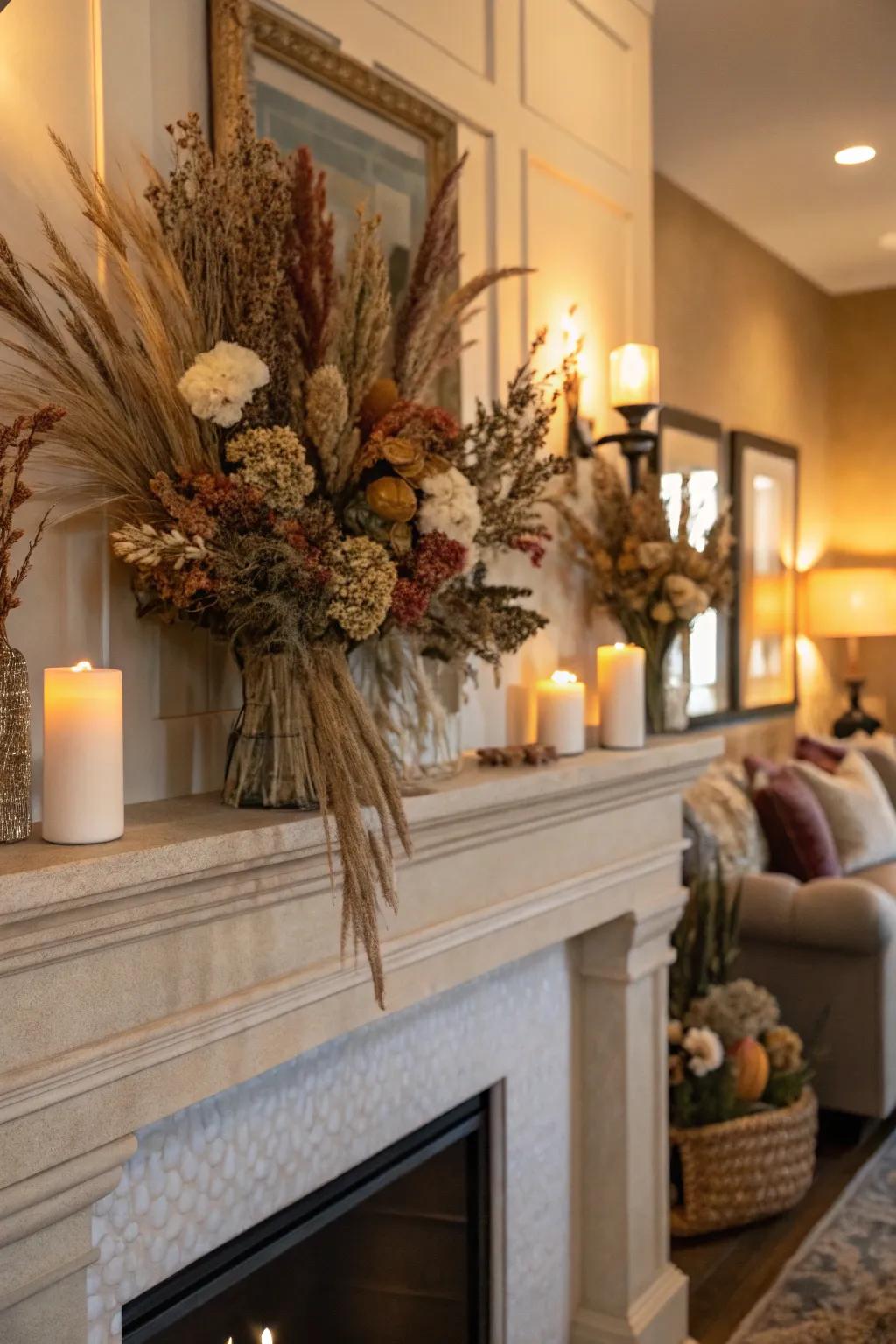 A mantel masterpiece using tiers of dried elegance.