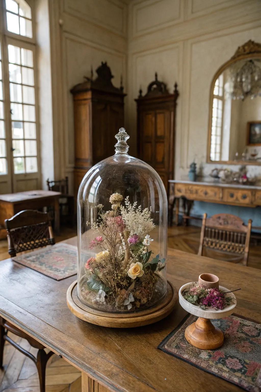 Vintage allure using a transparent dome floral presentation.