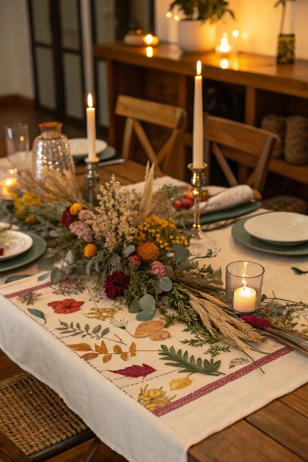 A vibrant table runner made using dried florals.