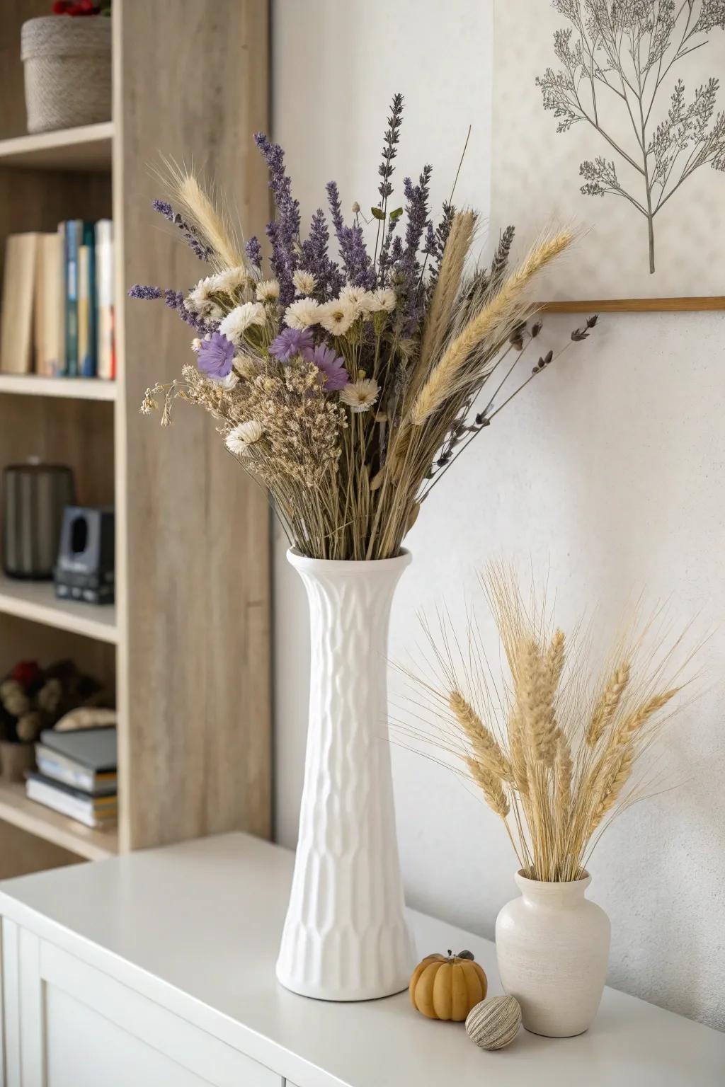 A straightforward, elegant vase presentation using dried blossoms.