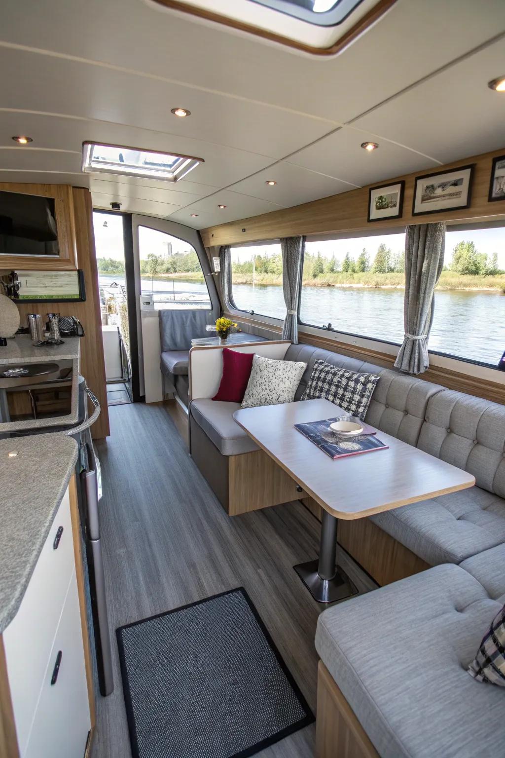 Adaptive furniture enhances functionality in this houseboat.