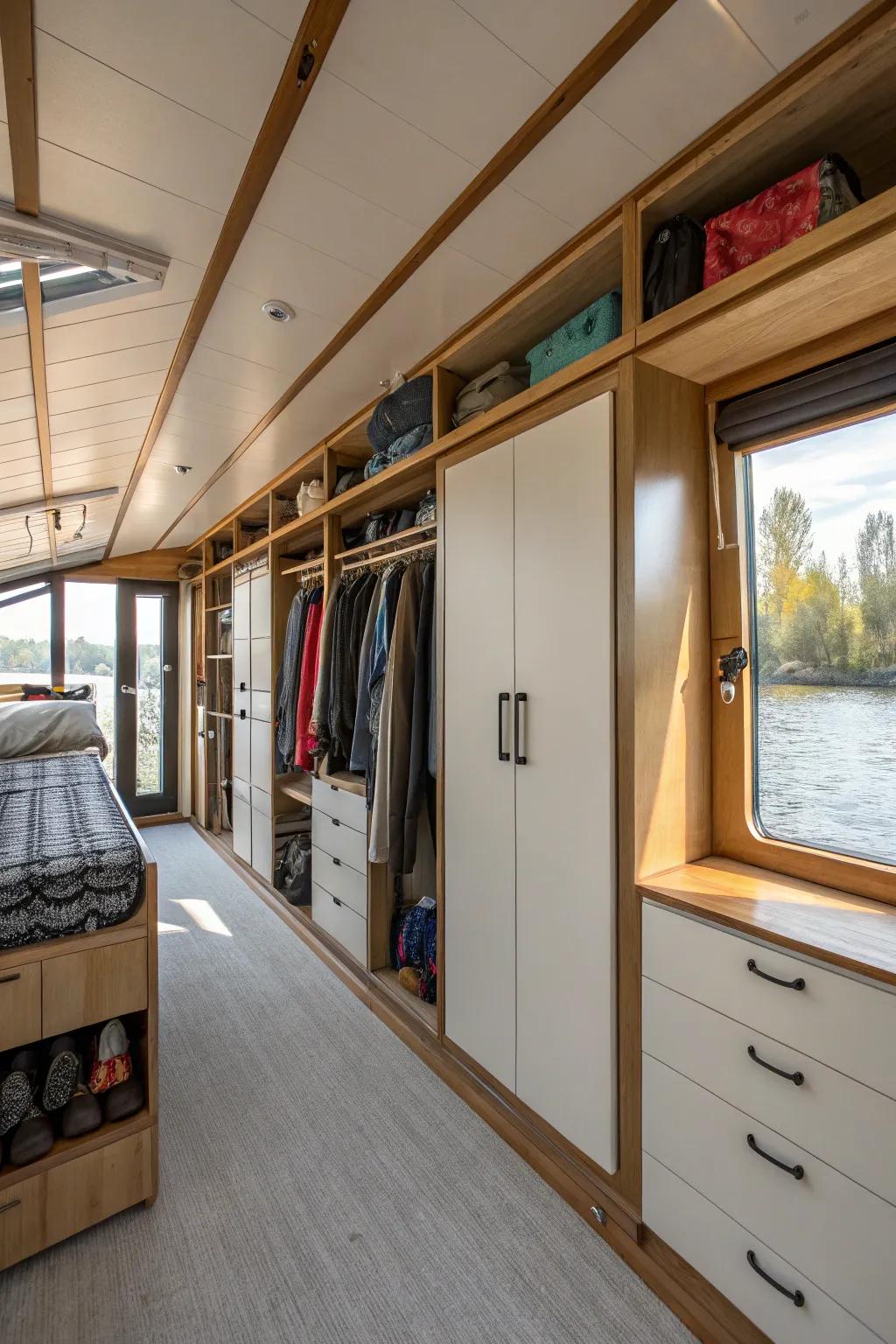 Vertical shelving optimizes storage in this houseboat kitchen.