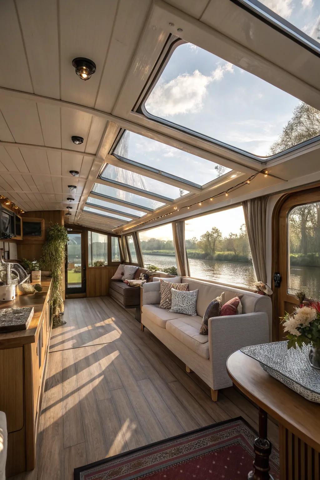 Skylights flood this houseboat with natural light.