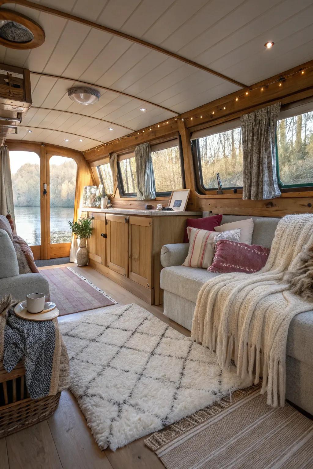 Textiles create a cozy atmosphere in this houseboat.