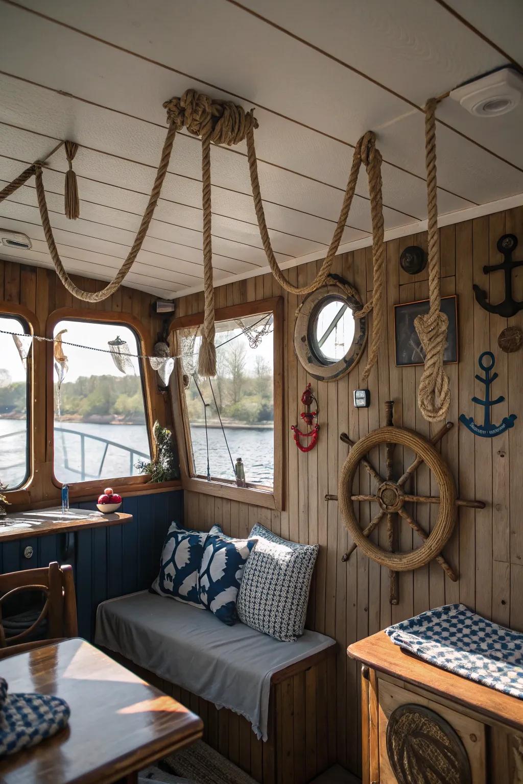 Nautical-themed decor adds character to this houseboat.