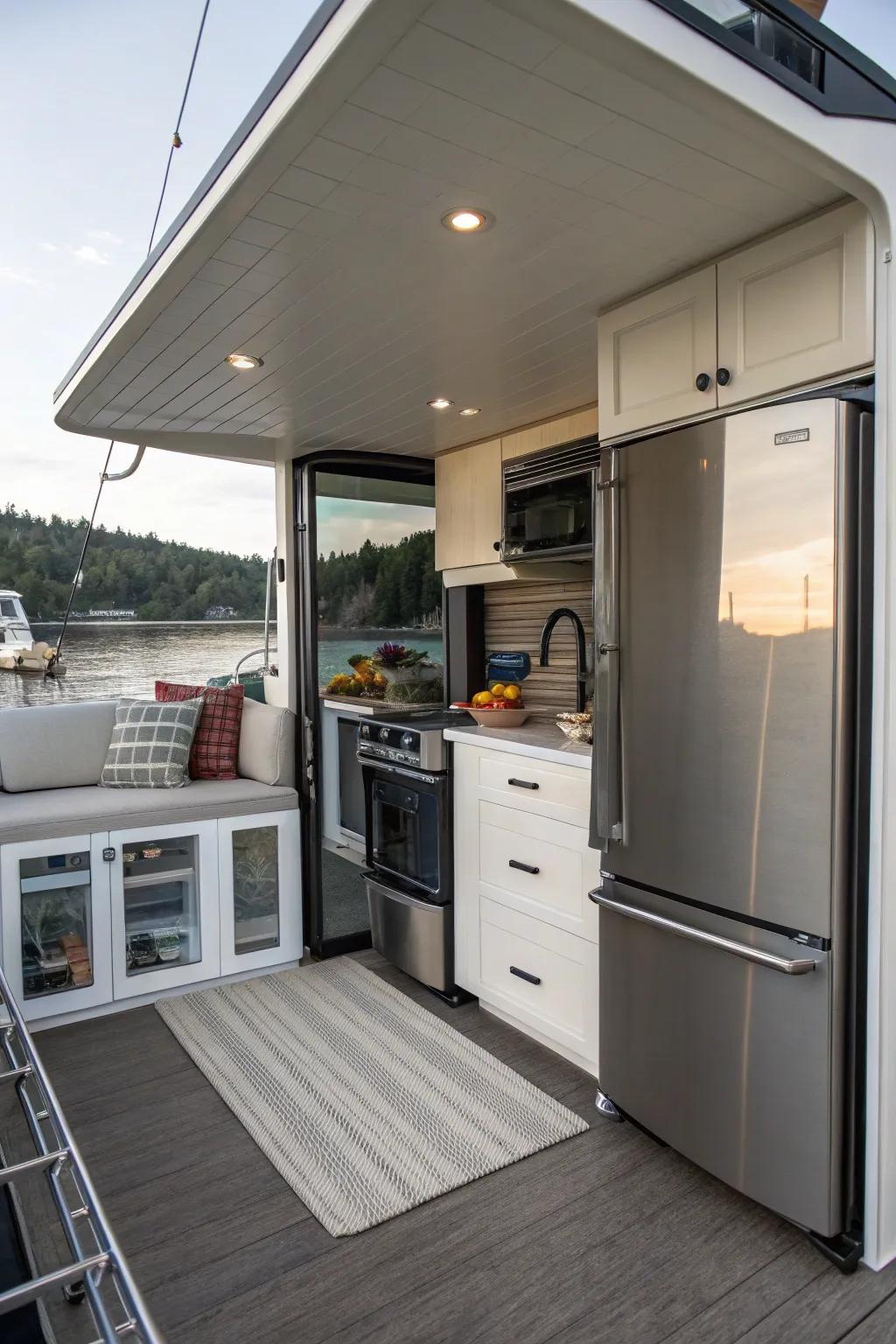 Efficiently designed compact kitchen on a houseboat.