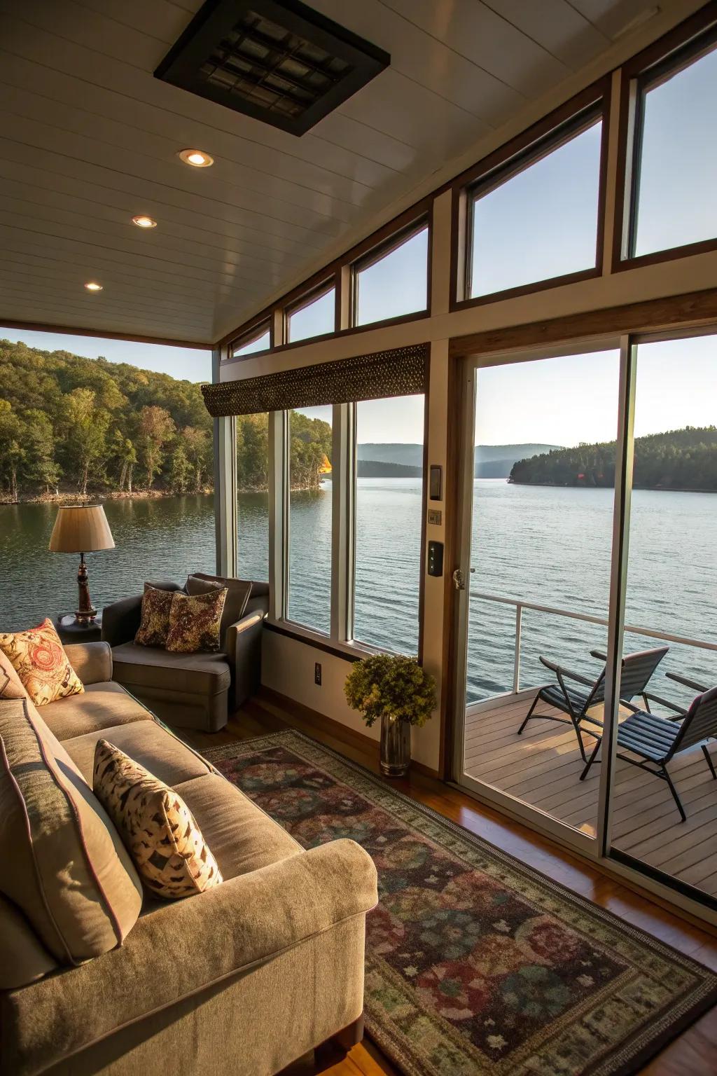 Expansive windows flood this houseboat with light and views.