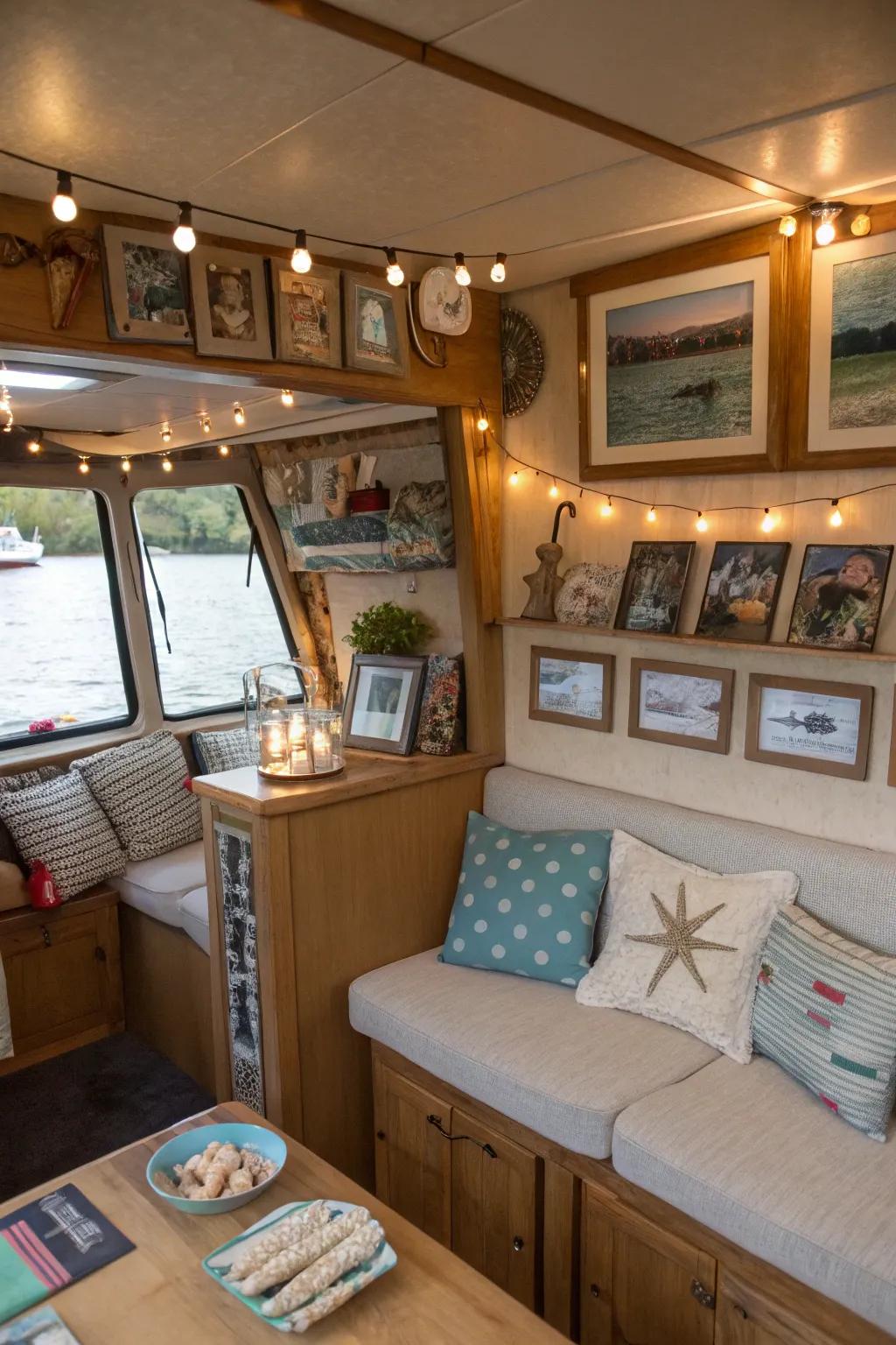 Personal mementos make this houseboat feel like home.