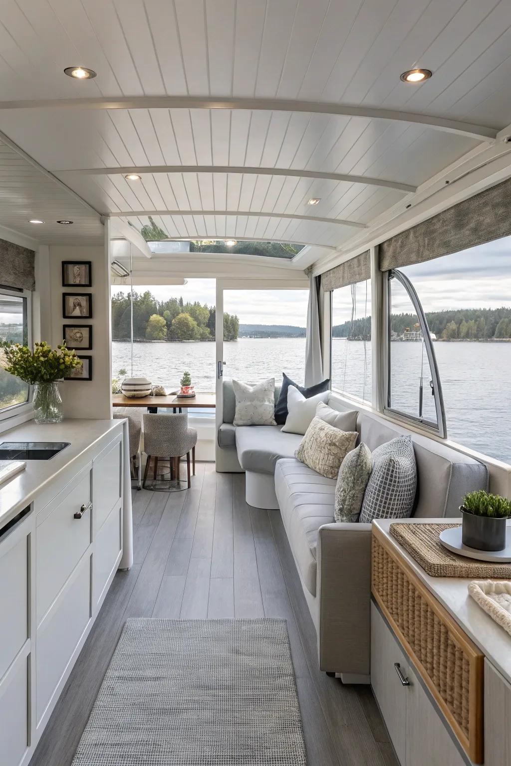 Neutral tones create a soothing environment in this houseboat.