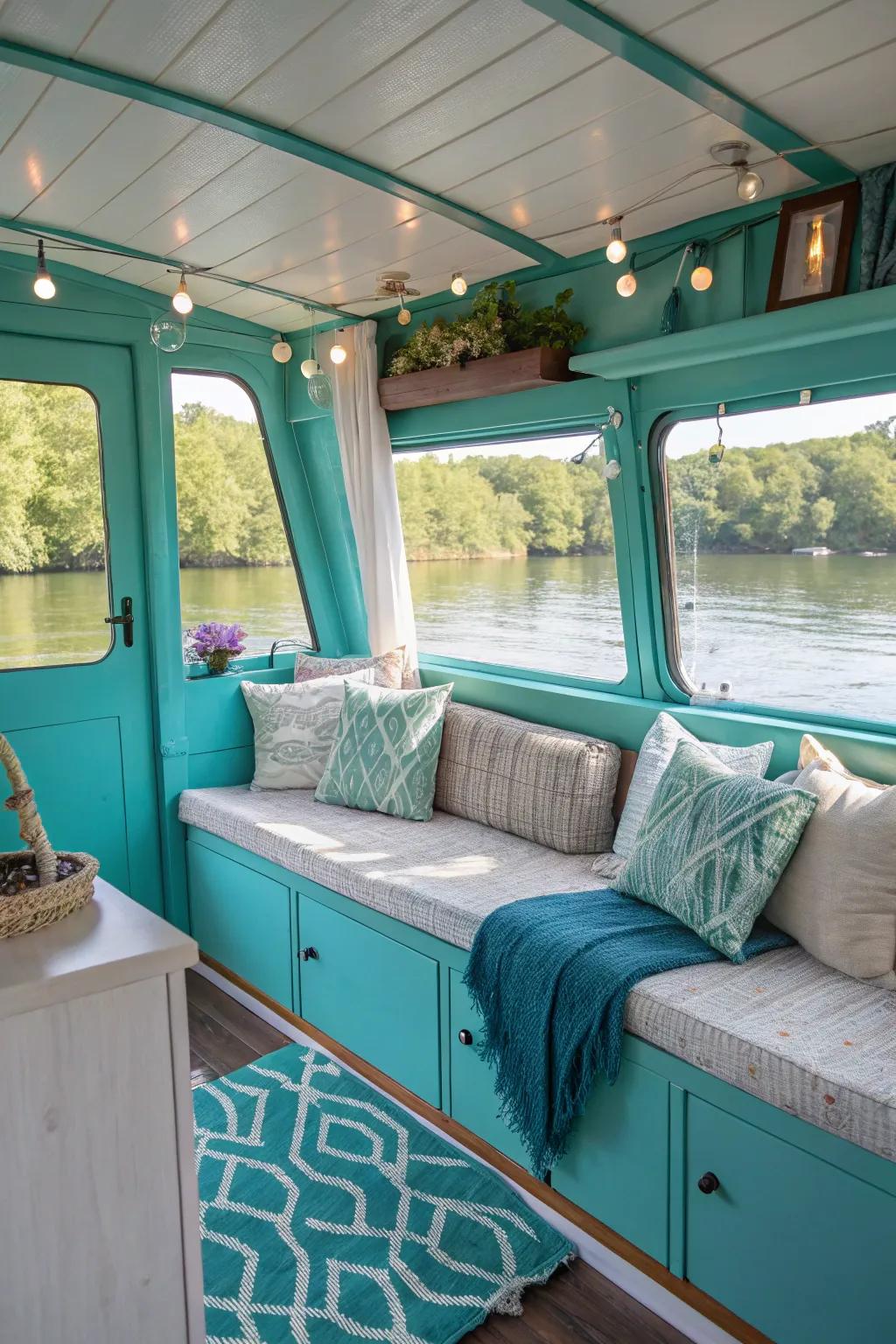 A vibrant splash of color enlivens this houseboat's interior.