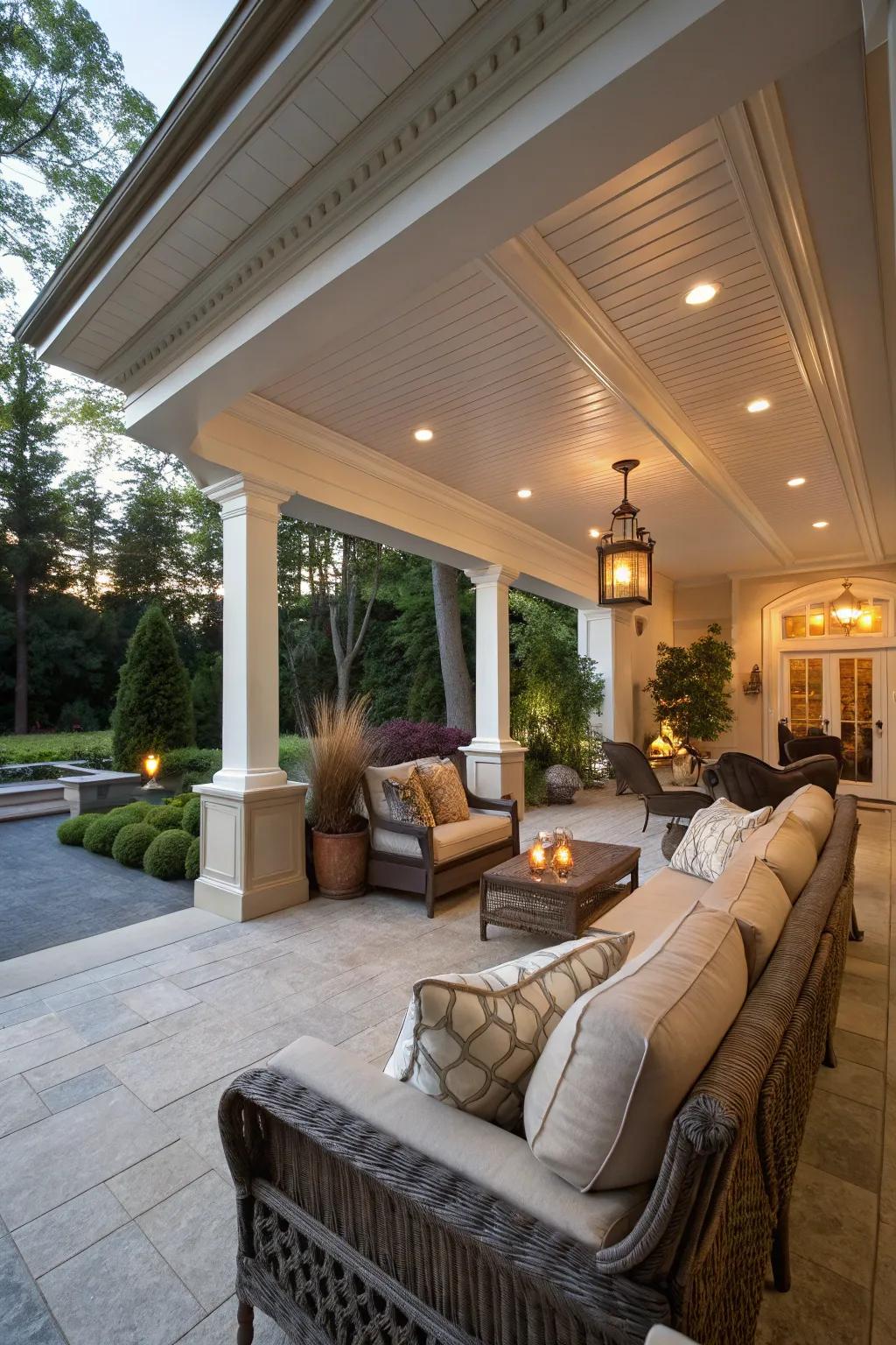 A covered patio featuring wide crown molding, extending indoor elegance to the outdoors.